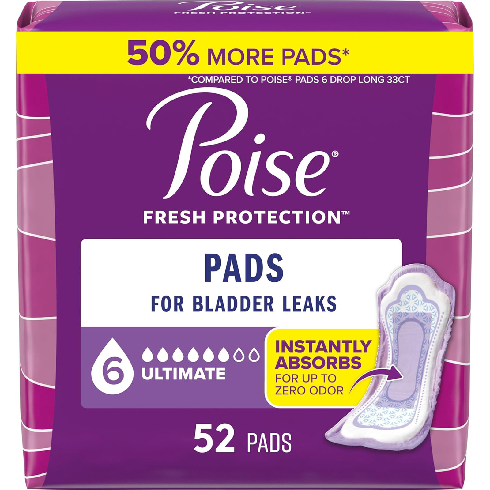 Poise Incontinence Pads (Postpartum), 6 Drop Ultimate Absorb, Regular, 52 Ct