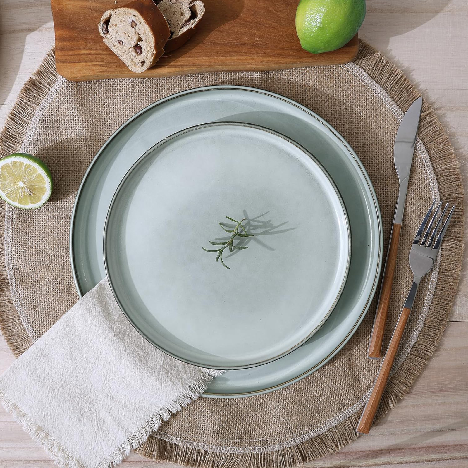 Famiware Annecy Plates and Bowls Sets, Stoneware Dinnerware Sets for 4, 12 Pieces Dish Set with Lipped Edges, Chip and Scratch Resistant, Microwave and Dishwasher Safe, Grey-Blue