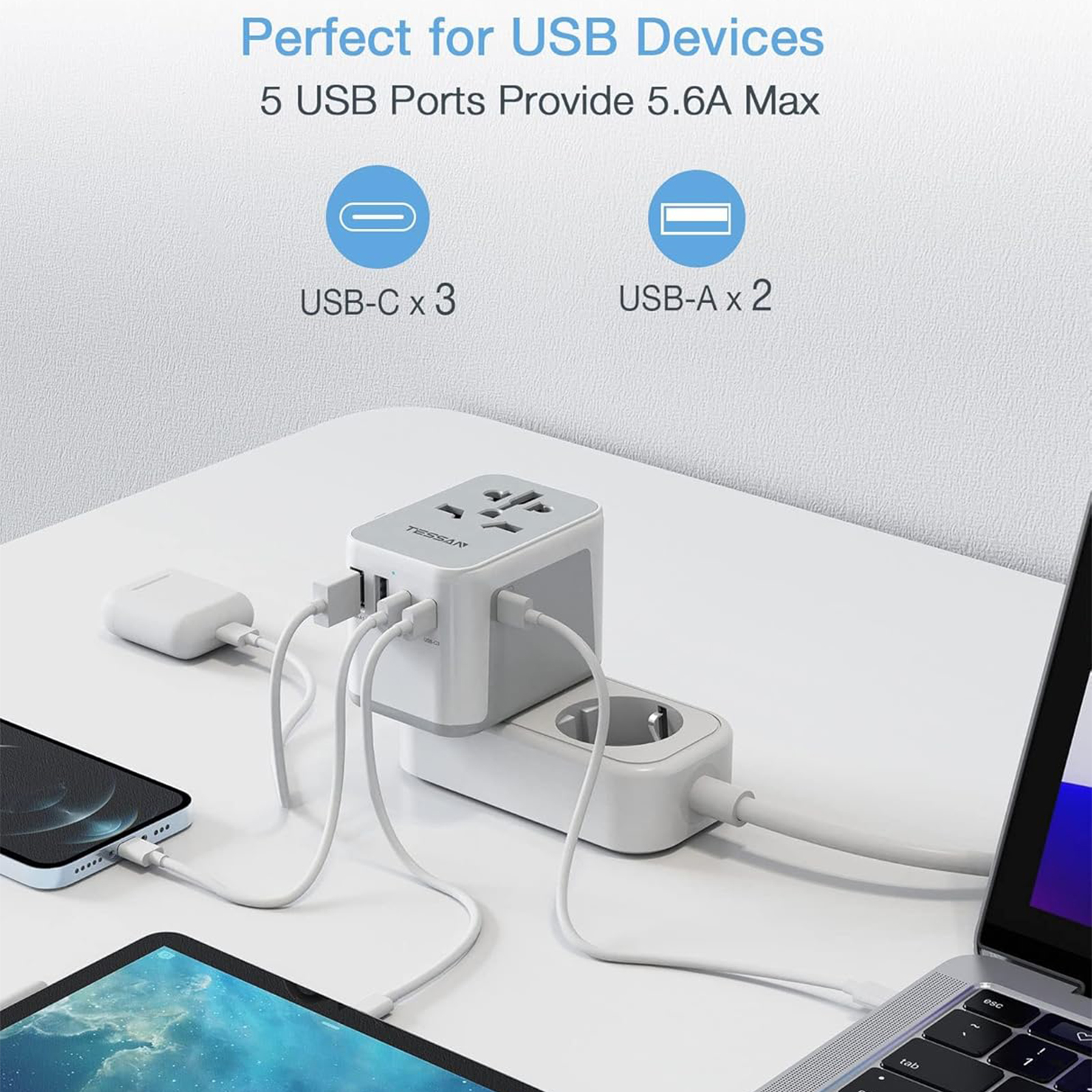 TESSAN Universal Travel Adapter, International Power Adapter 5.6A 28W 3 USB C 2 USB A Ports, Travel Worldwide Plug Adaptor, Outlet Wall Charger for Europe UK EU AUS (Type C/G/A/I)