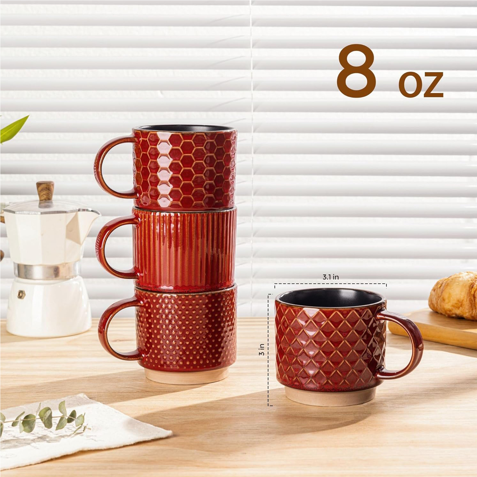 GBHOME 8OZ Stackable Coffee Mugs, Ceramic Coffee Mugs with Texture Patterns Set of 4, Red