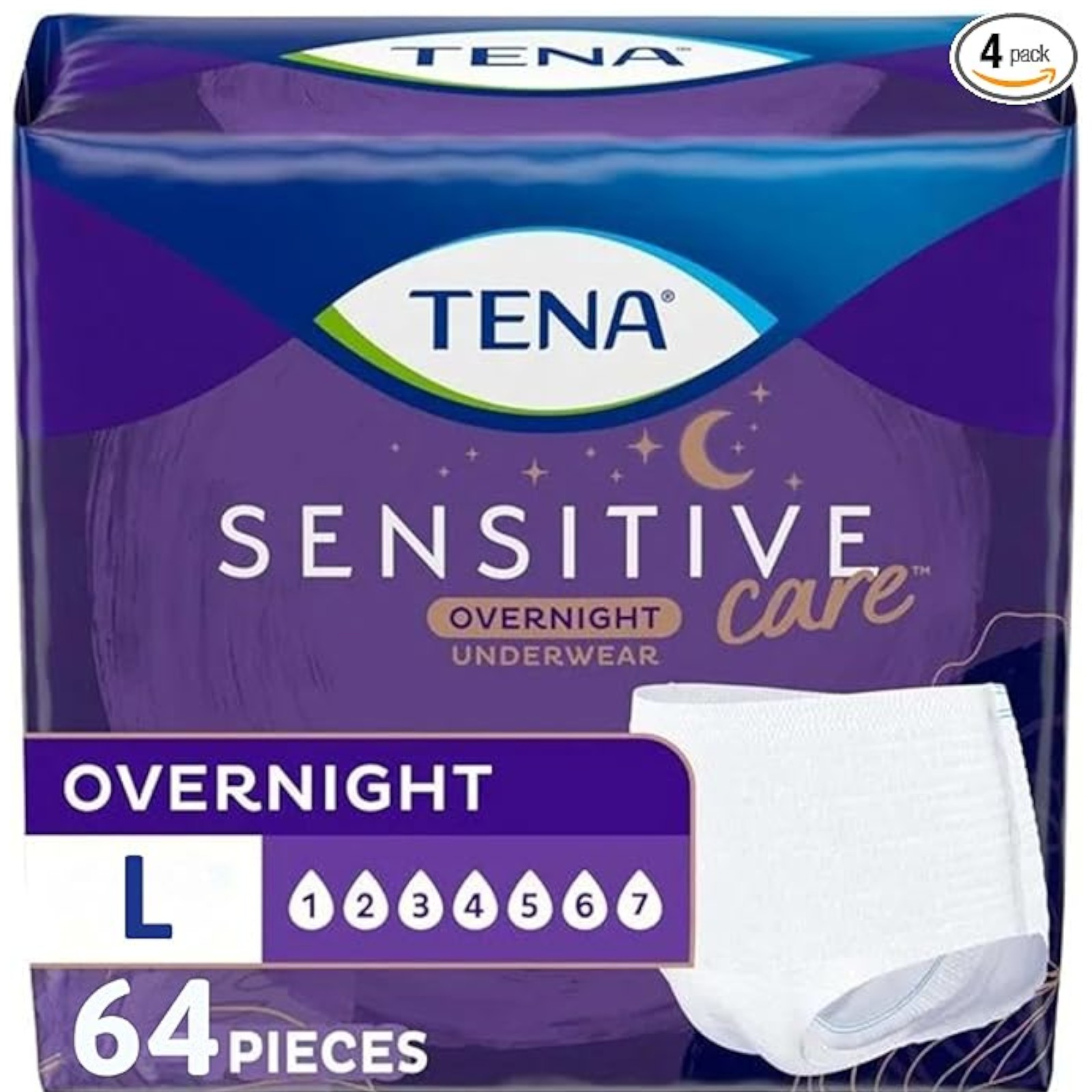 TENA Sensitive Care Overnight Incontinence Underwear for Women, Large, 64 Count (New Sizing)
