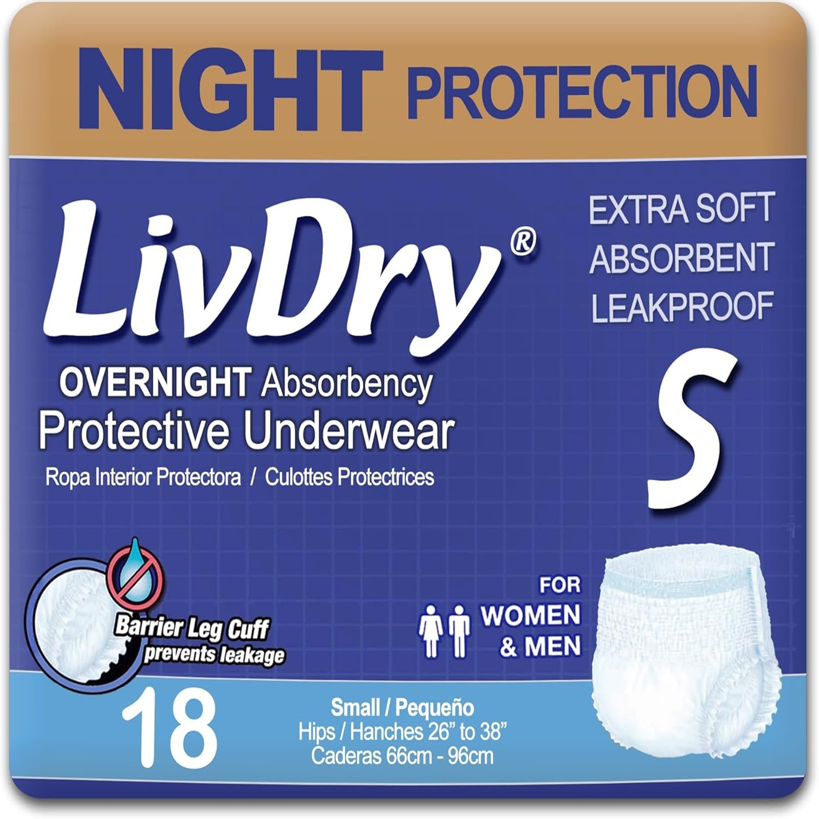 LivDry Overnight Adult Diapers for Women and Men, Max Protection Incontinence Underwear (Small, 18-Pack)