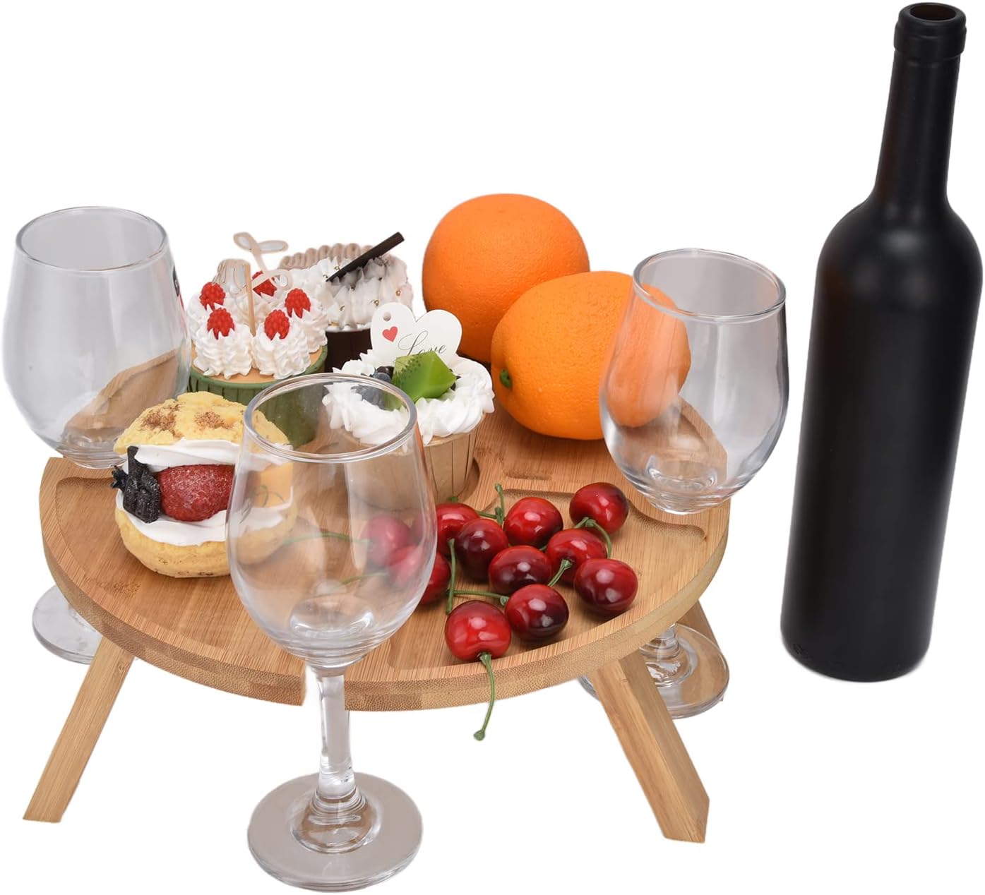 Jauarta Portable Bamboo Wine Table, Wooden Outdoor Folding Picnic Table with Wine Glass Holder, Portable Camping Wine Table Snack Tray