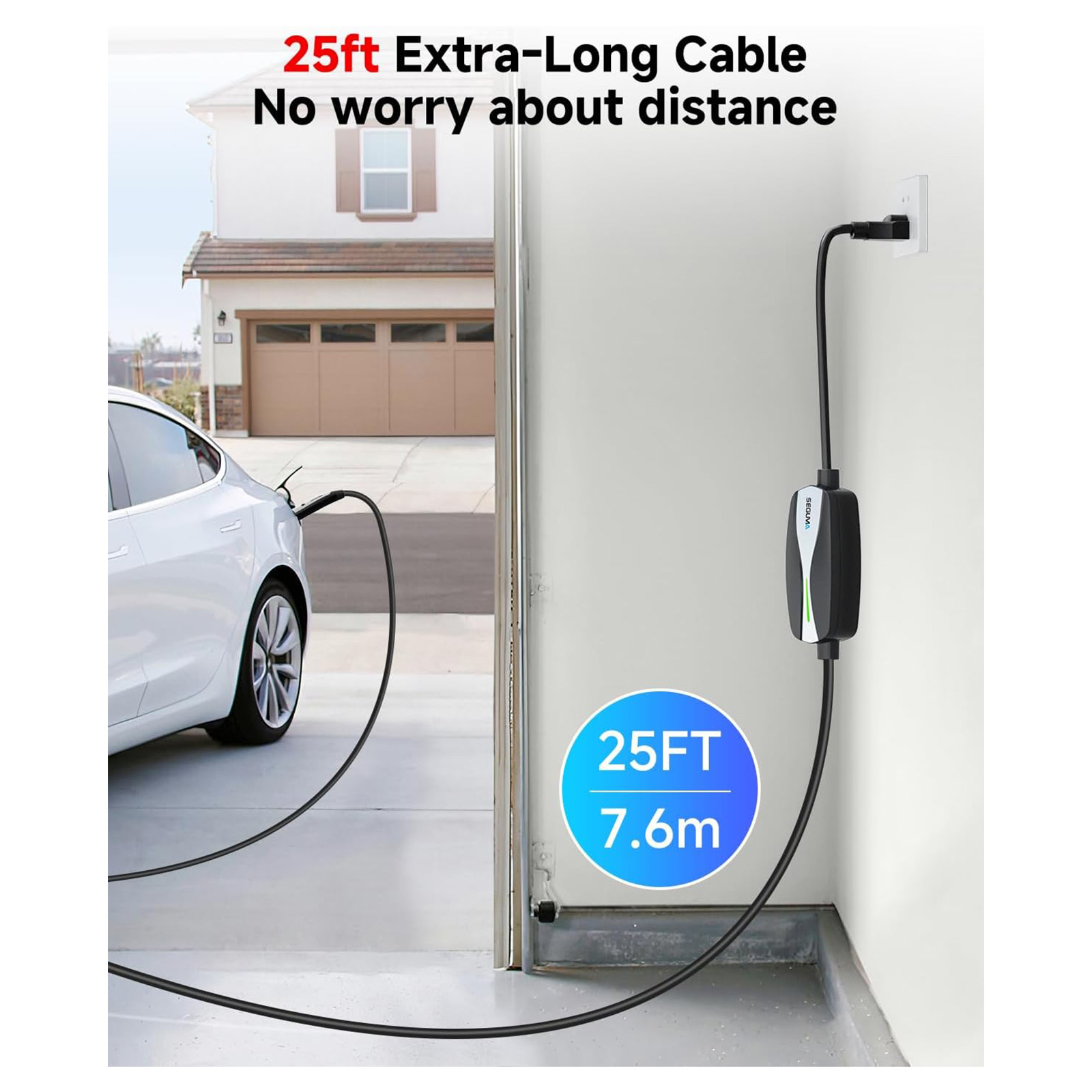 SEGUMA Level 1/2 Tesla Charger, 16A, 25ft Extension Cable