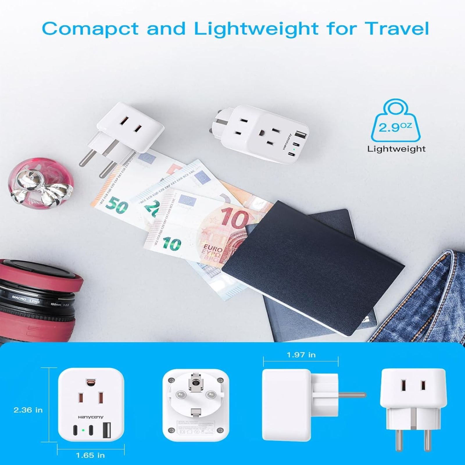 Type E F Plug Adapter, HANYCONY Germany France Travel Plug Adapter with 2 Outlets 3 USB Ports(2 USB C)，Schuko Plug Power Adaptor for US to Europe EU Spain Iceland Korea Greece German French