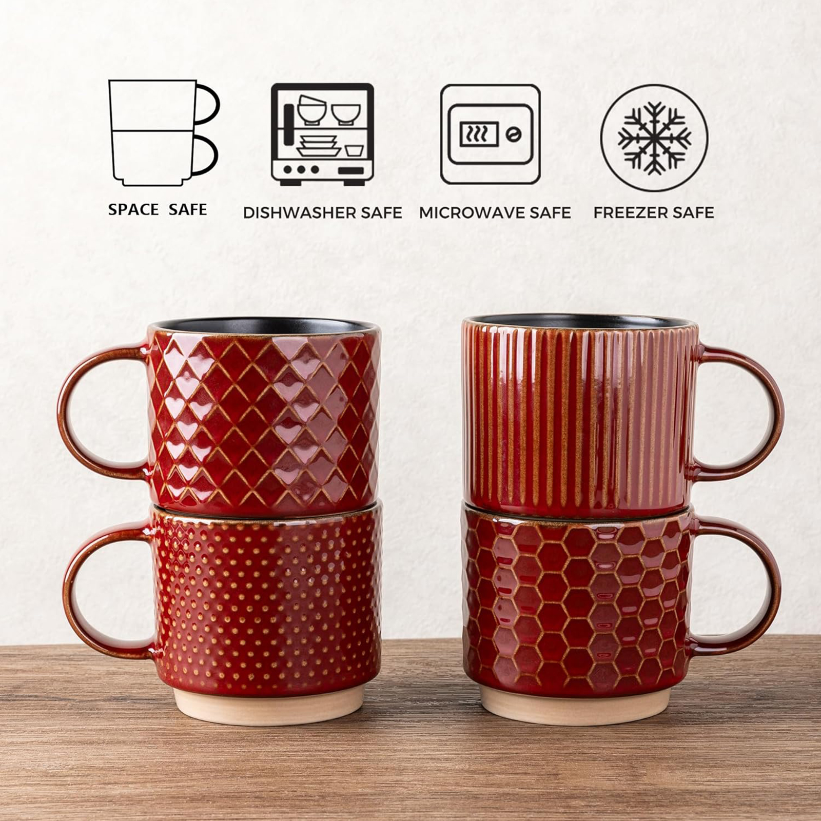 GBHOME 8OZ Stackable Coffee Mugs, Ceramic Coffee Mugs with Texture Patterns Set of 4, Red