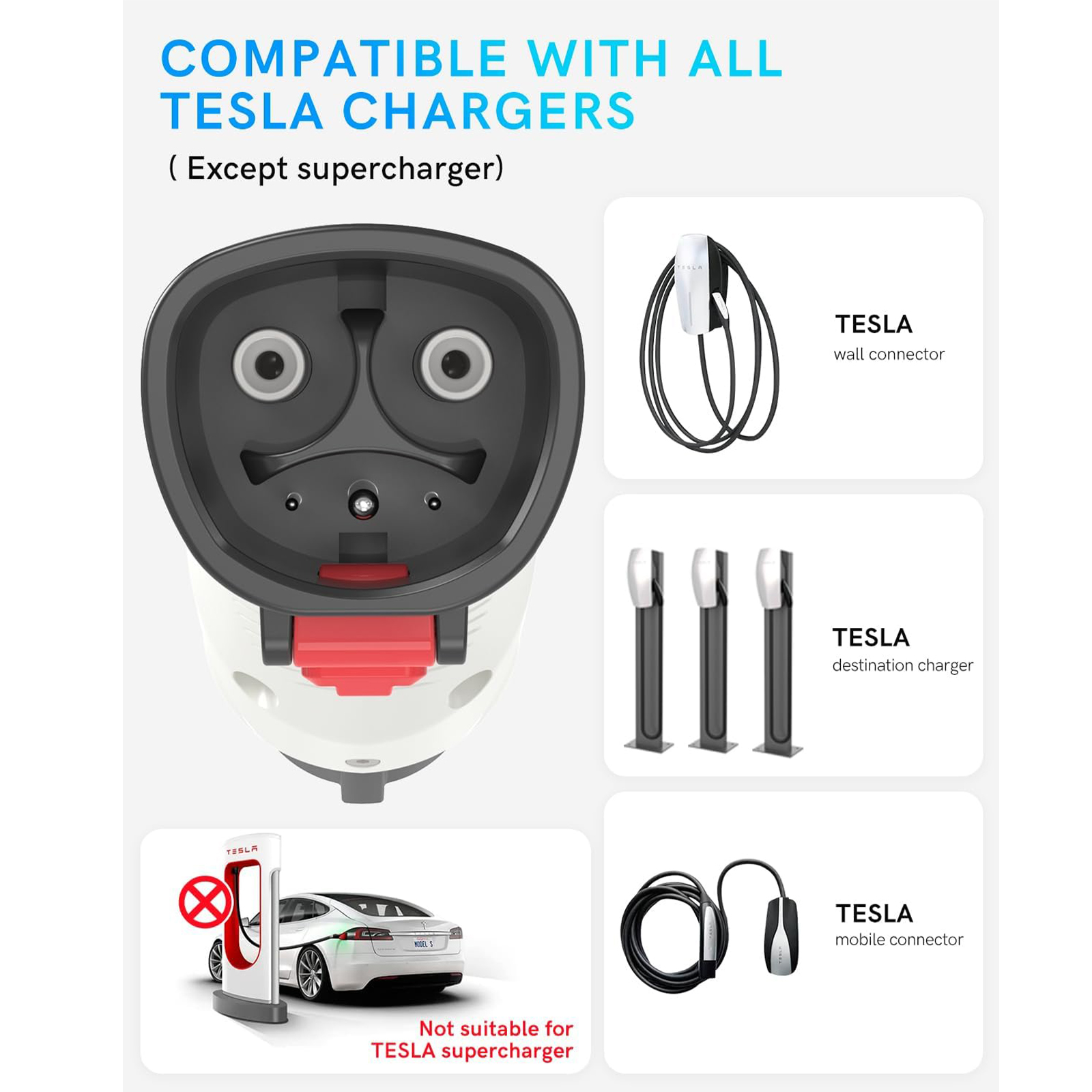 Seguma - Tesla to J1772 EV Charging Adapter, 60A 250V w/ Lock, White