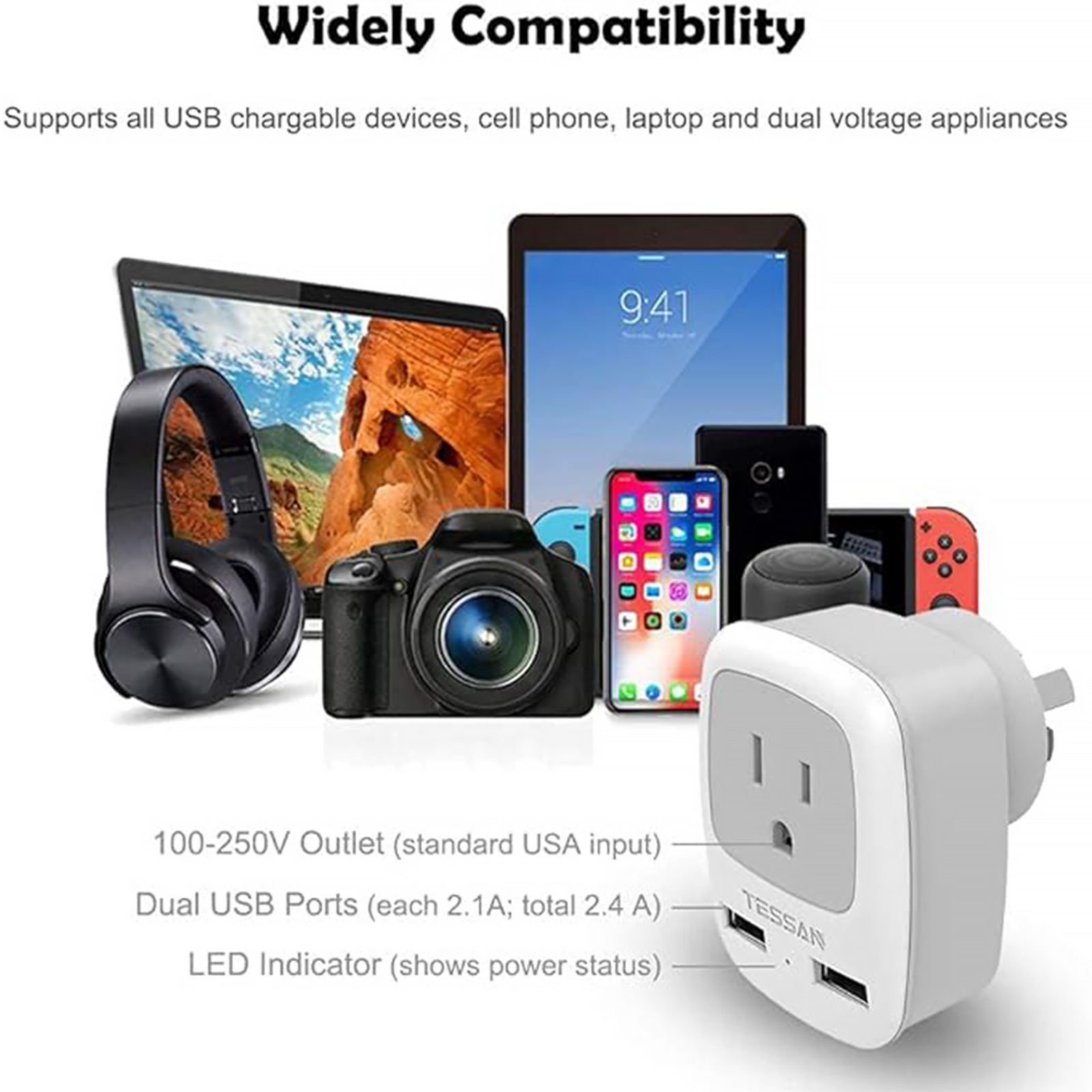 TESSAN Australia New Zealand Travel Power Adapter, Type I Plug Adapter with 2 USB & 1 American Grounded Outlet, Adaptor for US to Fiji Argentina China, 3 Pack