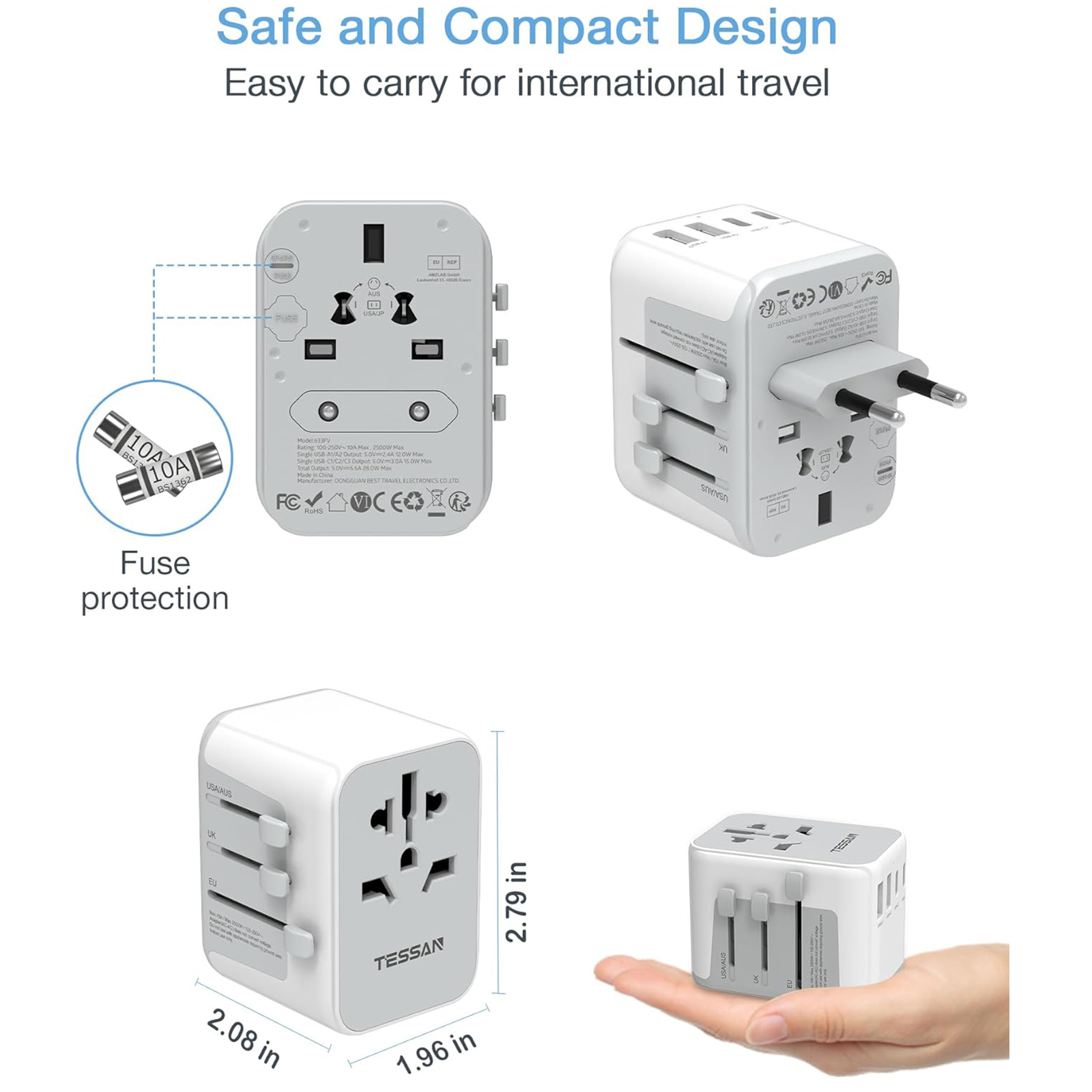 TESSAN Universal Travel Adapter, International Power Adapter 5.6A 28W 3 USB C 2 USB A Ports, Travel Worldwide Plug Adaptor, Outlet Wall Charger for Europe UK EU AUS (Type C/G/A/I)