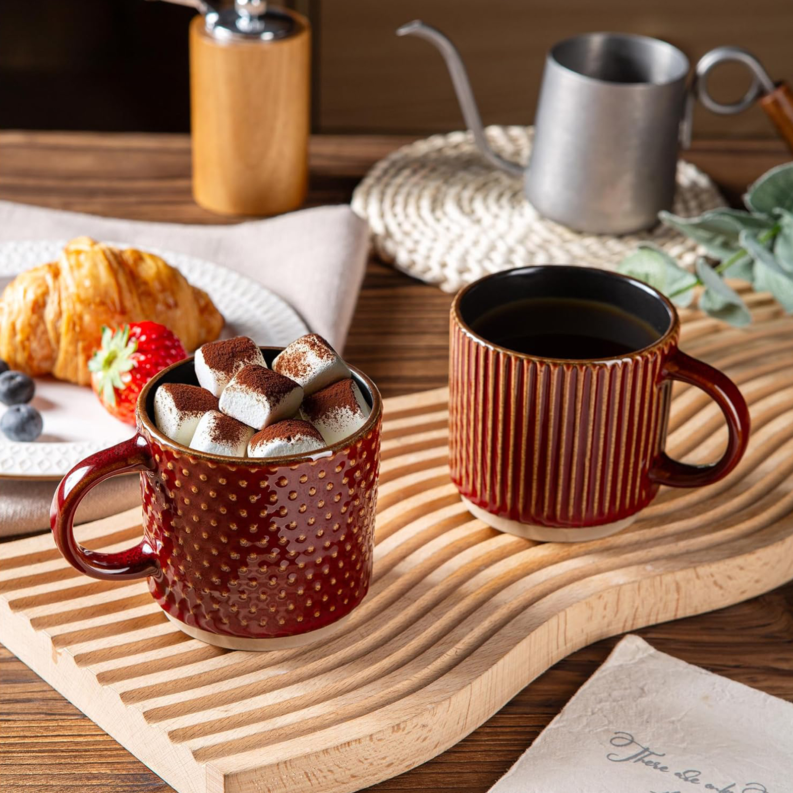 GBHOME 8OZ Stackable Coffee Mugs, Ceramic Coffee Mugs with Texture Patterns Set of 4, Red