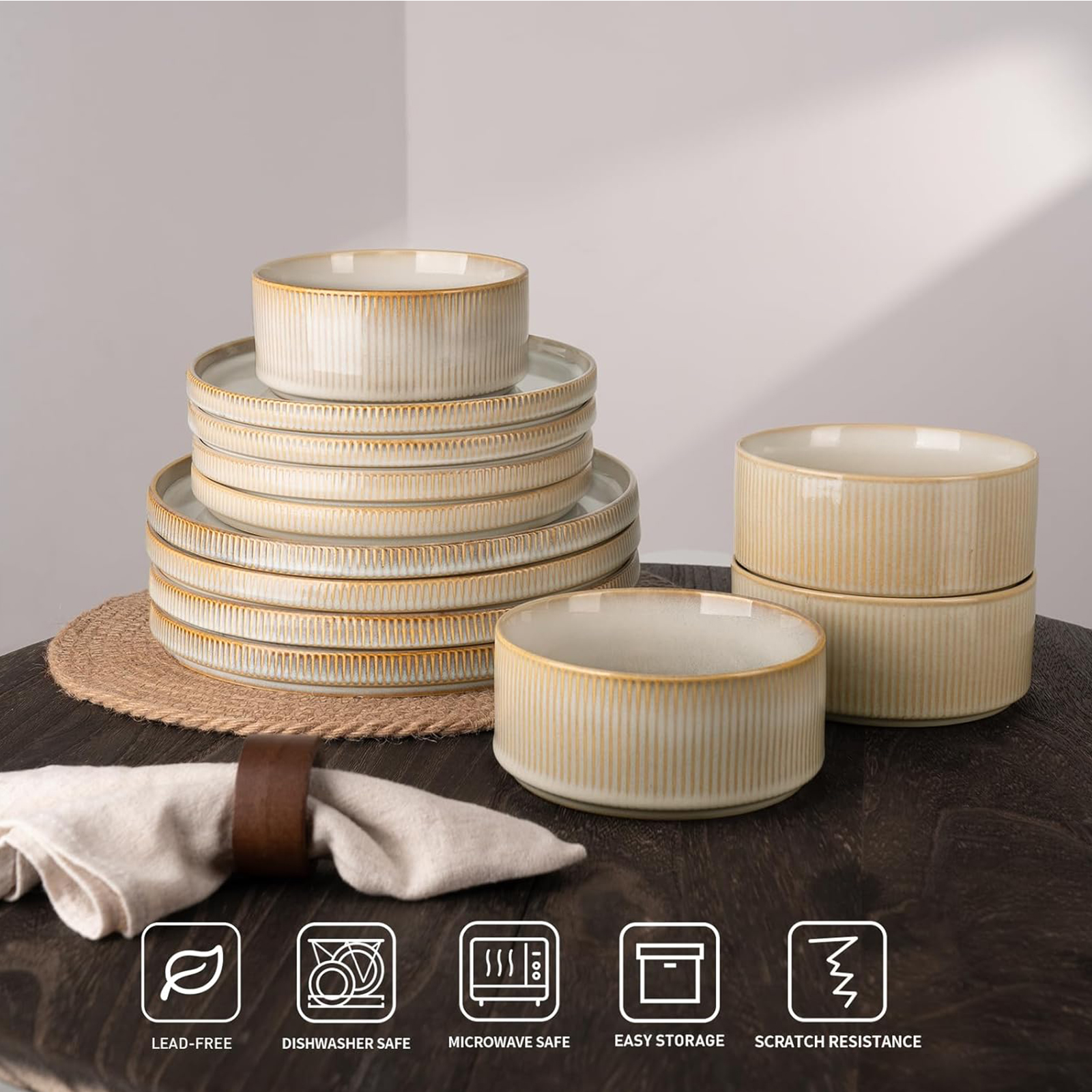 Famiware Star Dinnerware Sets, Plates and Bowls Set for 4, 12 Pieces Dishes- Chip and Scratch Resistant, Microwave and Dishwasher Safe Kitchen Set, Cappuccino White
