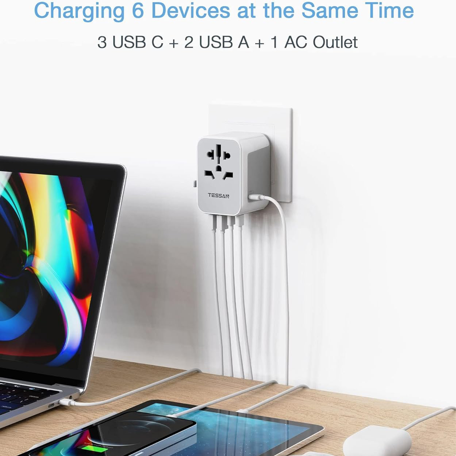 TESSAN Universal Travel Adapter, International Power Adapter 5.6A 28W 3 USB C 2 USB A Ports, Travel Worldwide Plug Adaptor, Outlet Wall Charger for Europe UK EU AUS (Type C/G/A/I)