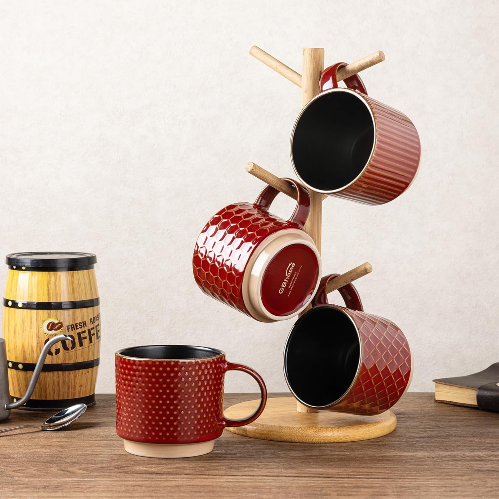 GBHOME 8OZ Stackable Coffee Mugs, Ceramic Coffee Mugs with Texture Patterns Set of 4, Red