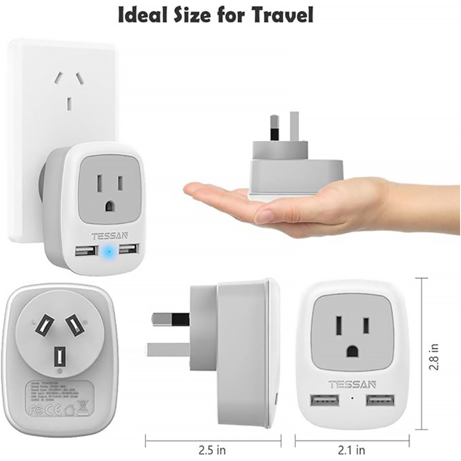 TESSAN Australia New Zealand Travel Power Adapter, Type I Plug Adapter with 2 USB & 1 American Grounded Outlet, Adaptor for US to Fiji Argentina China, 3 Pack