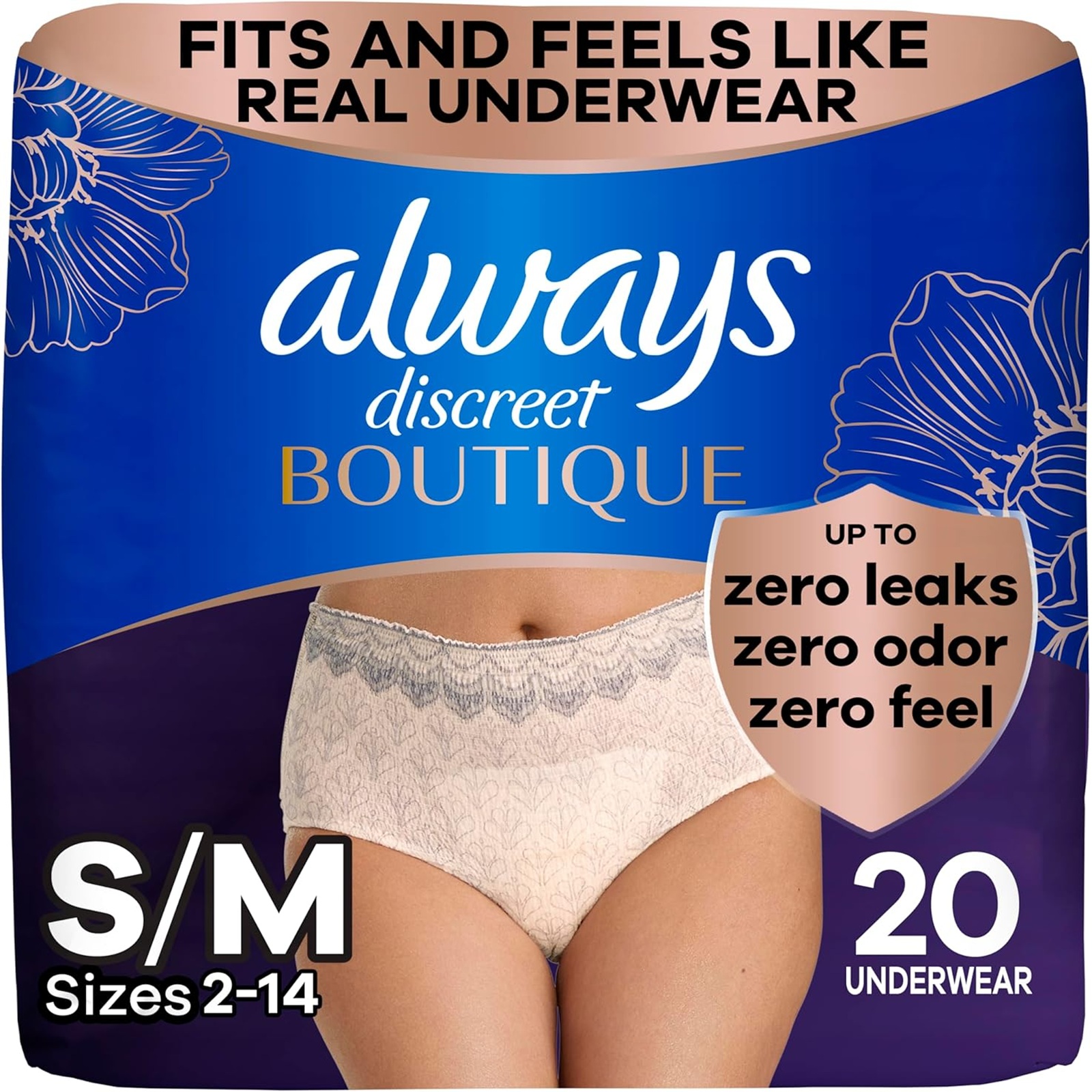 Always Discreet Boutique Incontinence and Postpartum Underwear for Women, Maximum Protection, S/M, Rosy, 20 Count (Packaging May Vary)