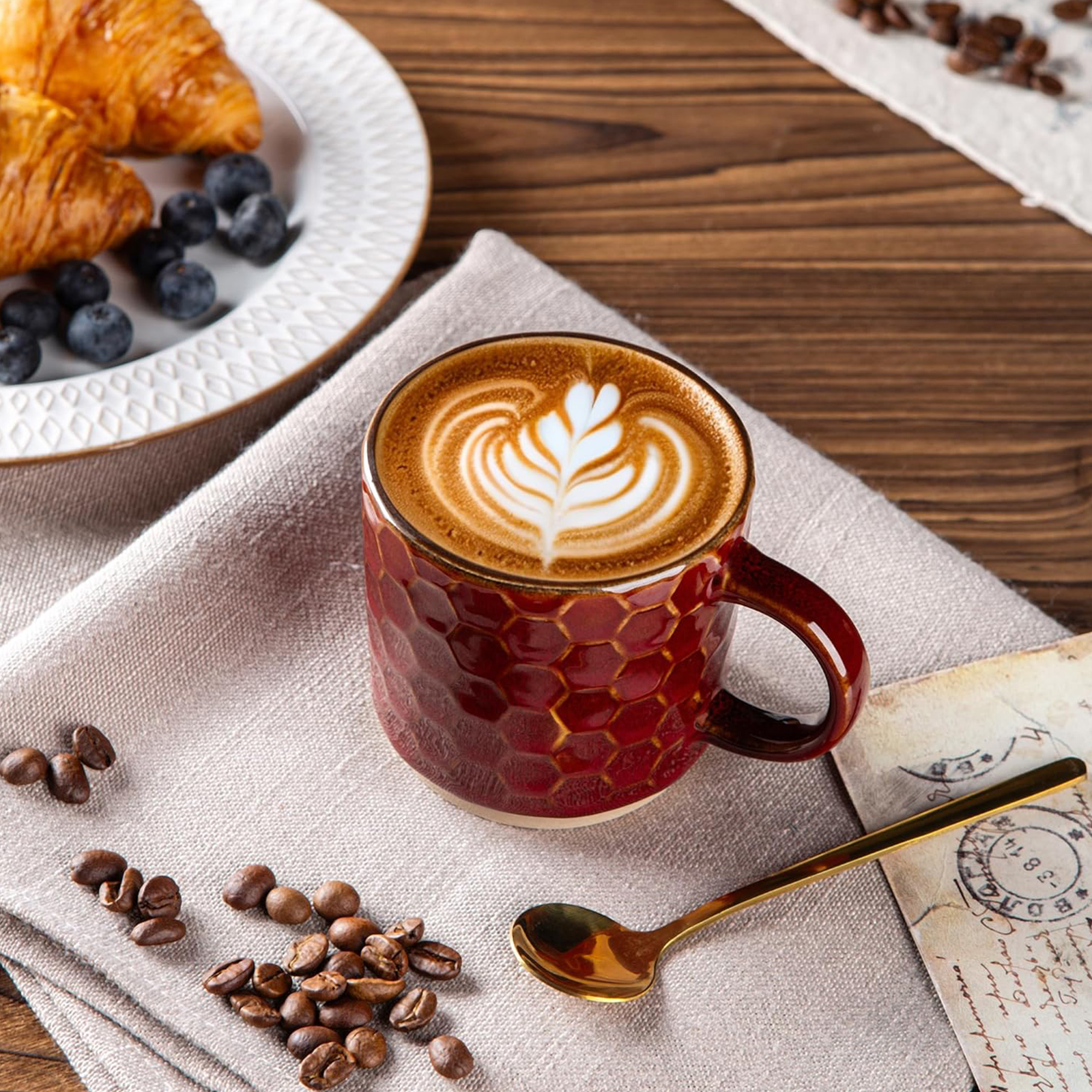 GBHOME 8OZ Stackable Coffee Mugs, Ceramic Coffee Mugs with Texture Patterns Set of 4, Red