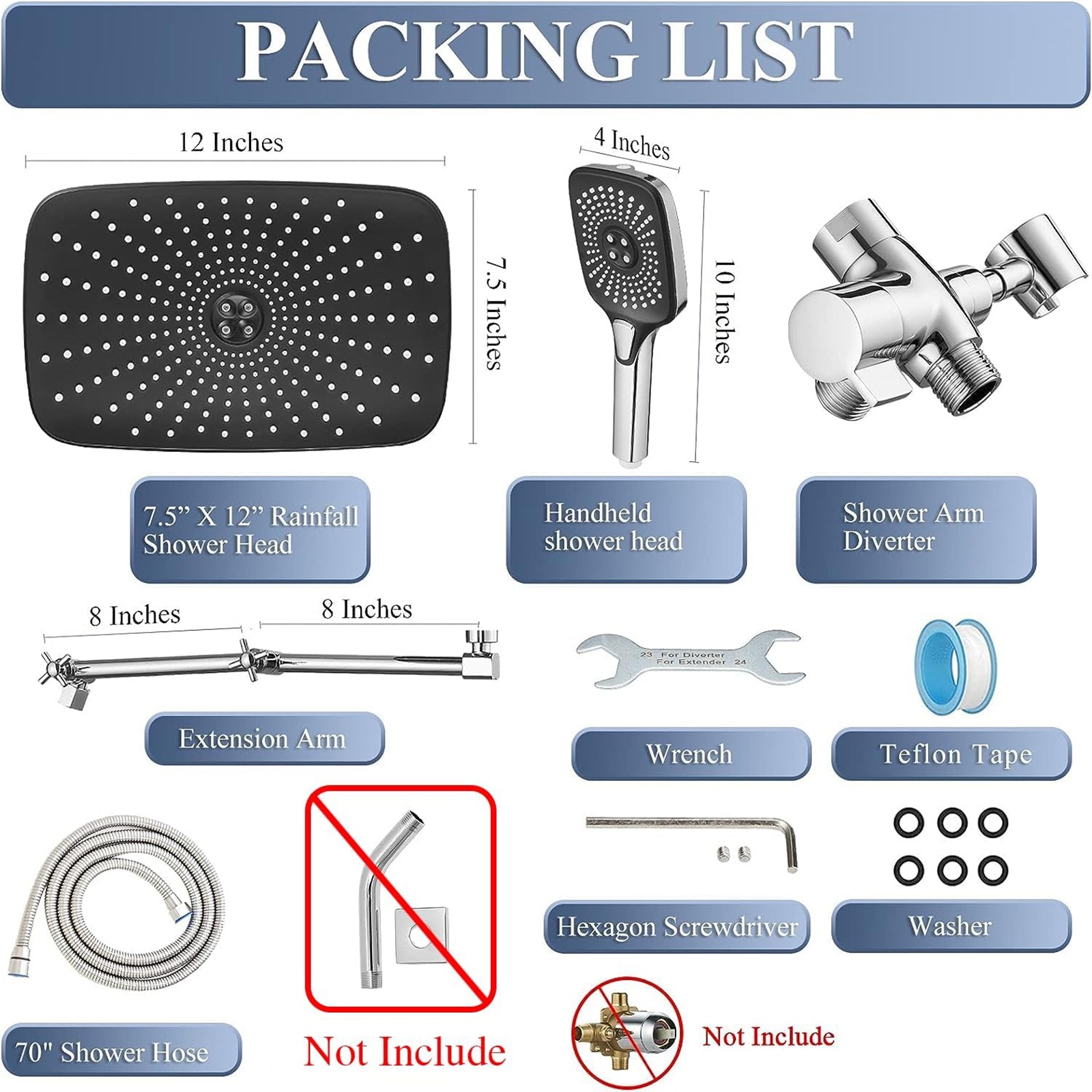 12 Inch Shower Head With Handheld Combo, High-Pressure Rain/Rainfall Shower Heads With 3+1 Settings Handheld Spray, Including 3-Way Diverter, Extension Arm - Height/Angle Adjustable(Chrome)