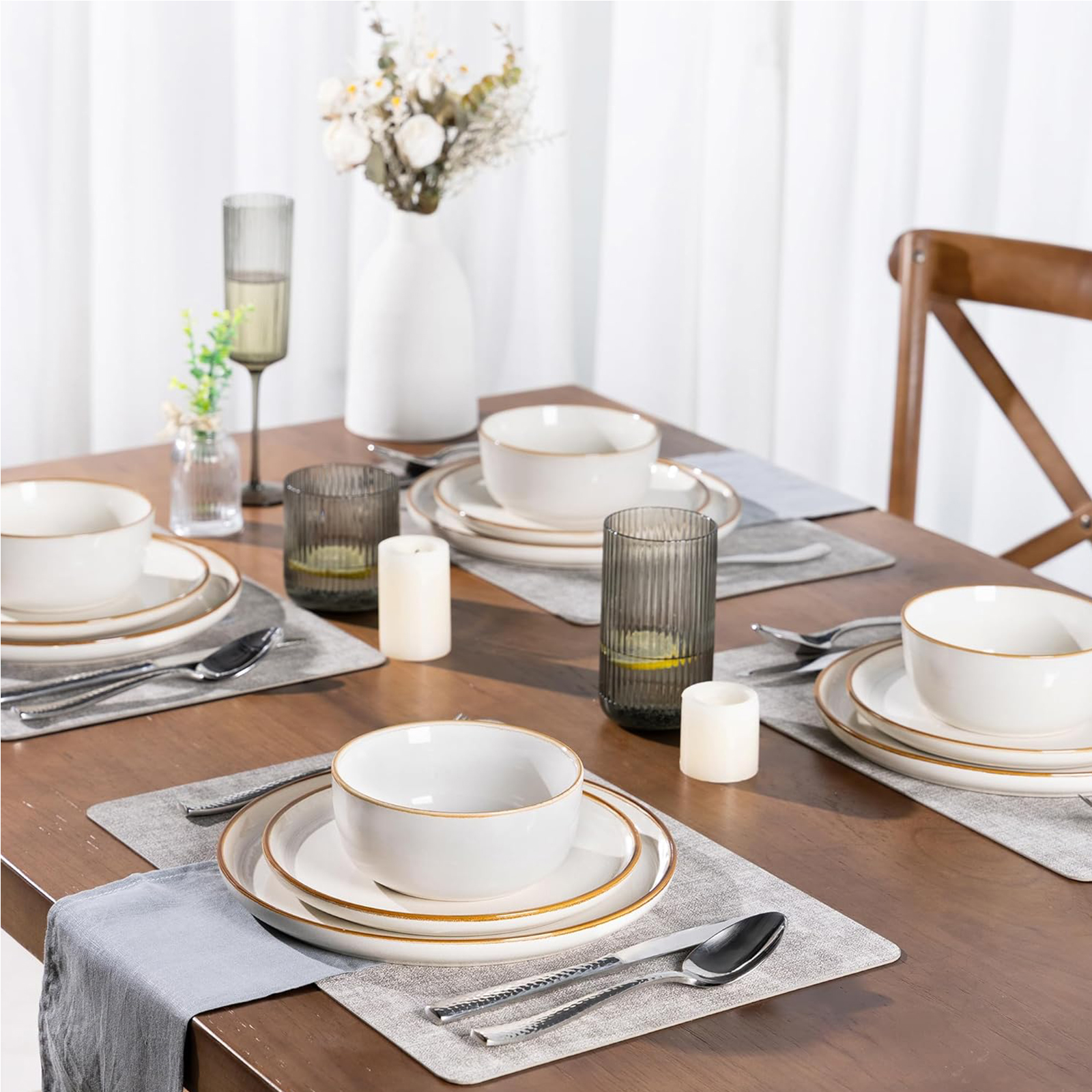 GBHOME Ceramic Dinnerware Sets for 4, 12 Pieces Stoneware Plates and Bowls Sets, Scratch Resistant Dishes, Dishwasher & Microwave Safe, Reactive Glaze-White