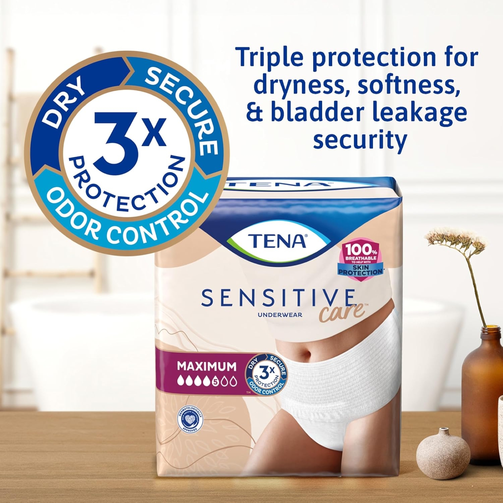 TENA Sensitive Care Adult Incontinence Underwear for Women, Maximum, Small/Medium, White, Disposable, 10 Count  