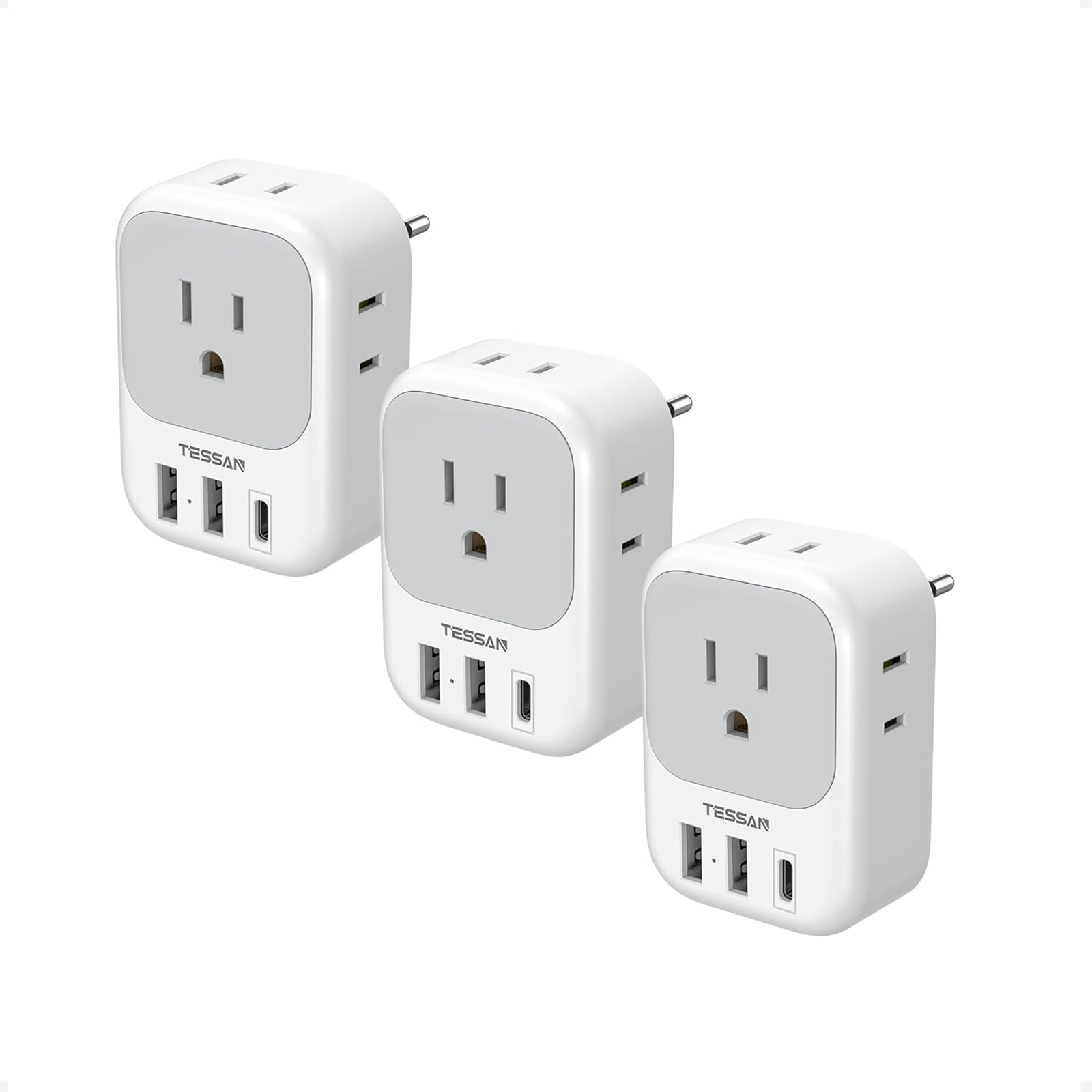 TESSAN European Travel Plug Adapter USB C 3 Pack, US to Europe Plug Adaptor with 4 AC Outlets 3 USB Charging Ports, Type C Power Adapter for USA to EU Euro Spain France Iceland Italy Germany Greece