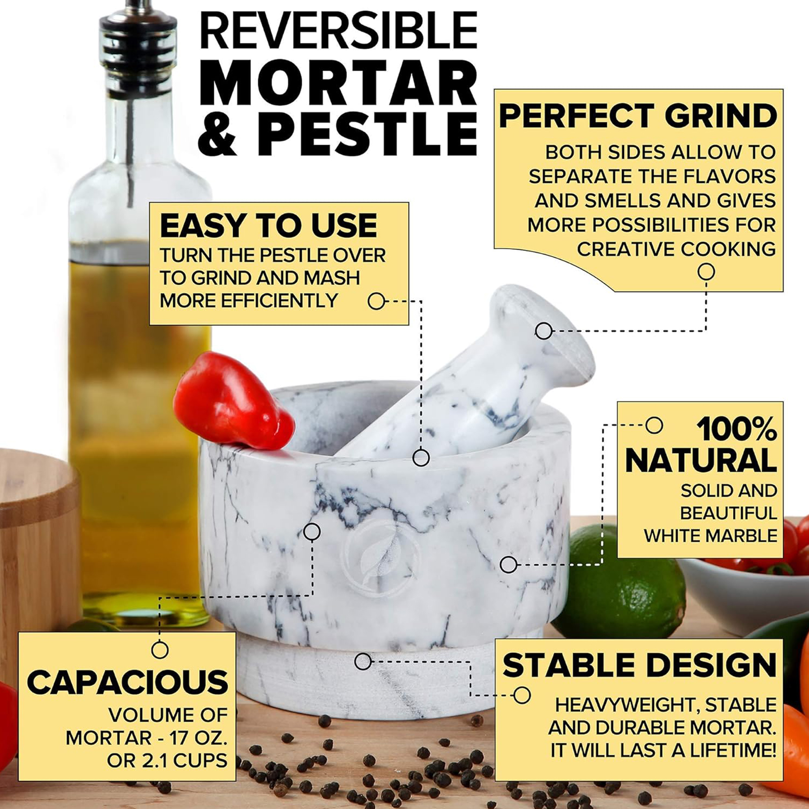 Laevo White Marble Mortar and Pestle Set - Heavy Duty Stone Spice Grinder - 2.1 Cup Capacity, 5.5-Inch Reversible Mortar and Pestle Set for Guacamole, Pesto, Spices - Large