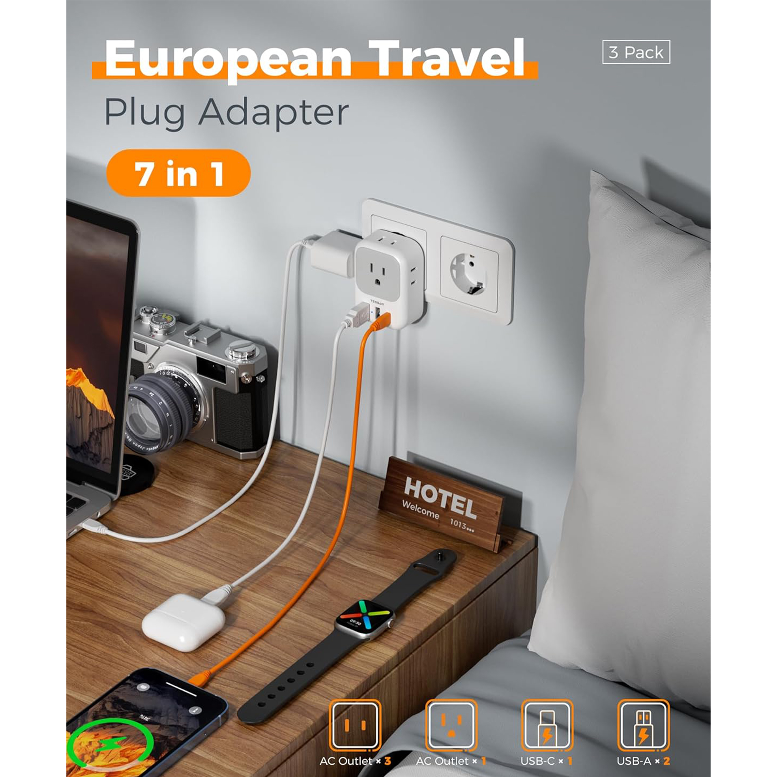TESSAN European Travel Plug Adapter USB C 3 Pack, US to Europe Plug Adaptor with 4 AC Outlets 3 USB Charging Ports, Type C Power Adapter for USA to EU Euro Spain France Iceland Italy Germany Greece