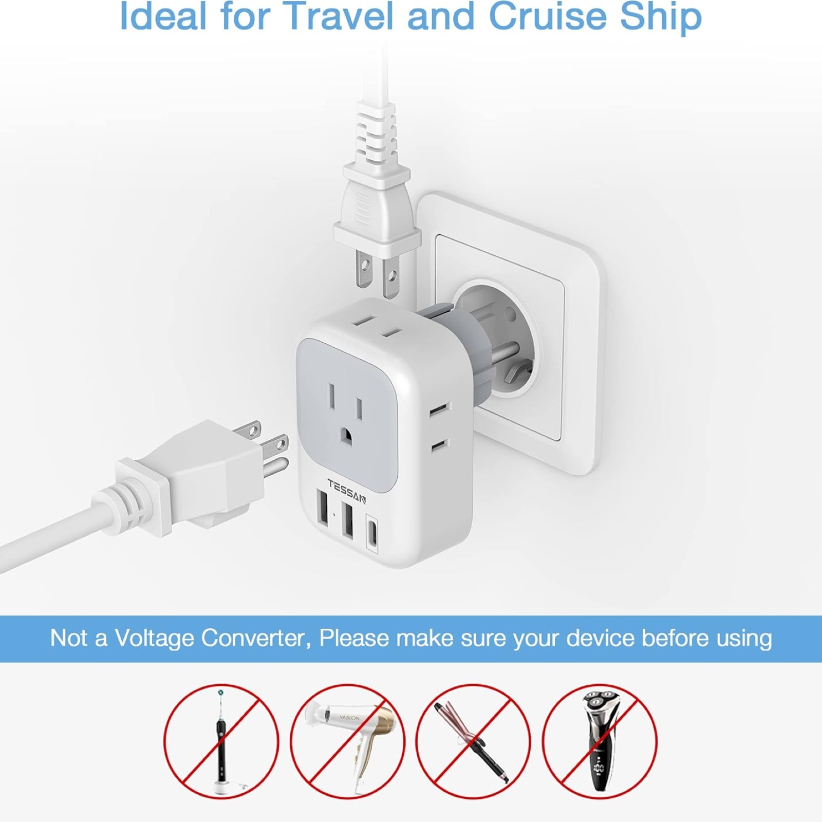 TESSAN Type E F Plug Adapter, Germany France Power Adapter with 3 USB Ports(1 USB C), 4 AC Outlets Travel Adaptor for US to Europe EU Spain Iceland Korea Greece Russia German French