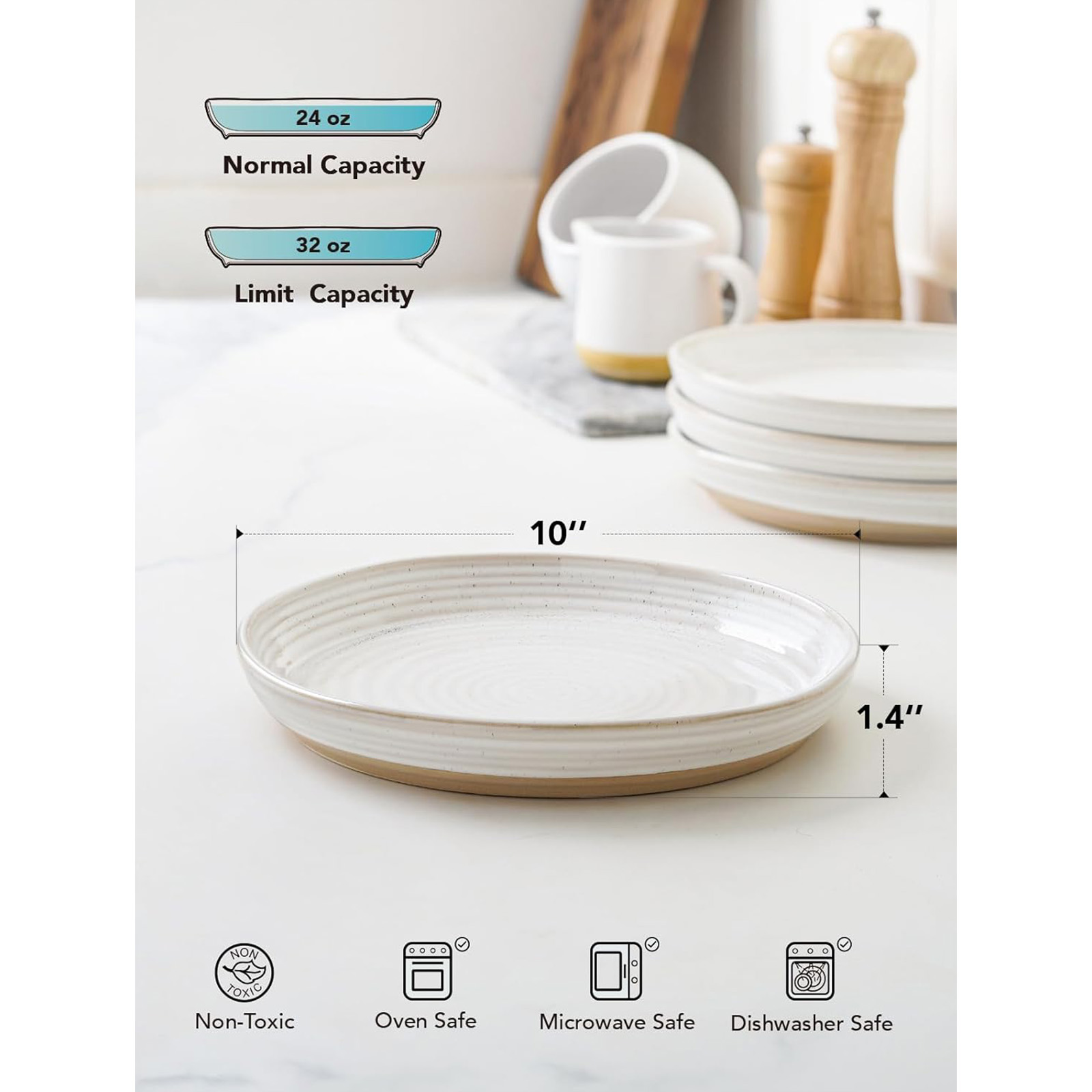 LE TAUCI Dinner Plates 10 Inch, Ceramic Flat Dish Set - Set of 4, Arctic White