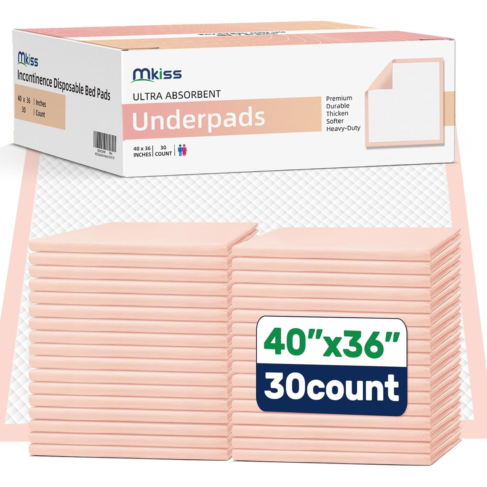 MKISS 40"x36" Extra Large Bed Pads (30 Ct), Disposable Heavy Duty Incontinence