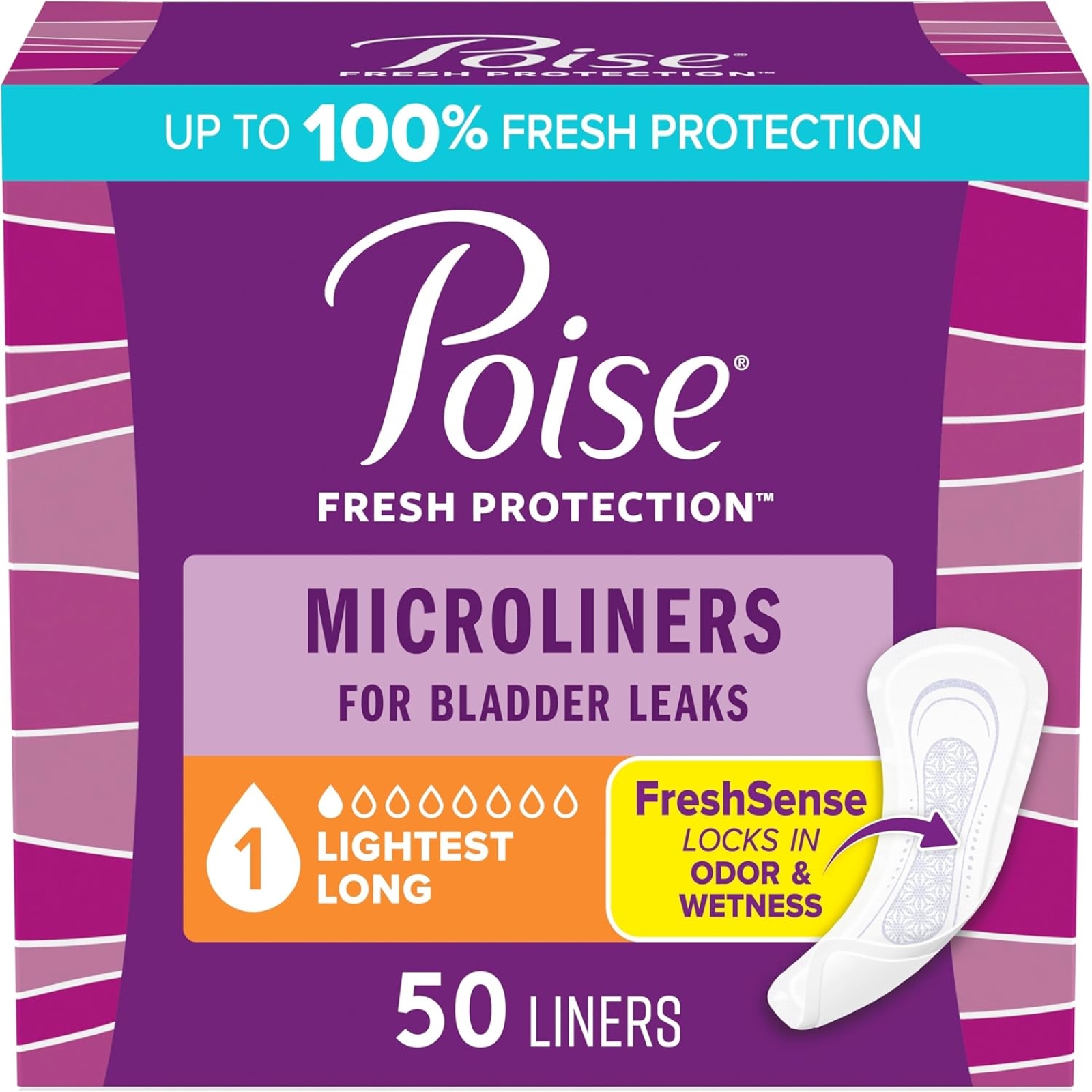 Poise Daily Microliners, Incontinence Panty Liners, 1 Drop Lightest Absorbency, Long Length, 50 Count of Pantiliners