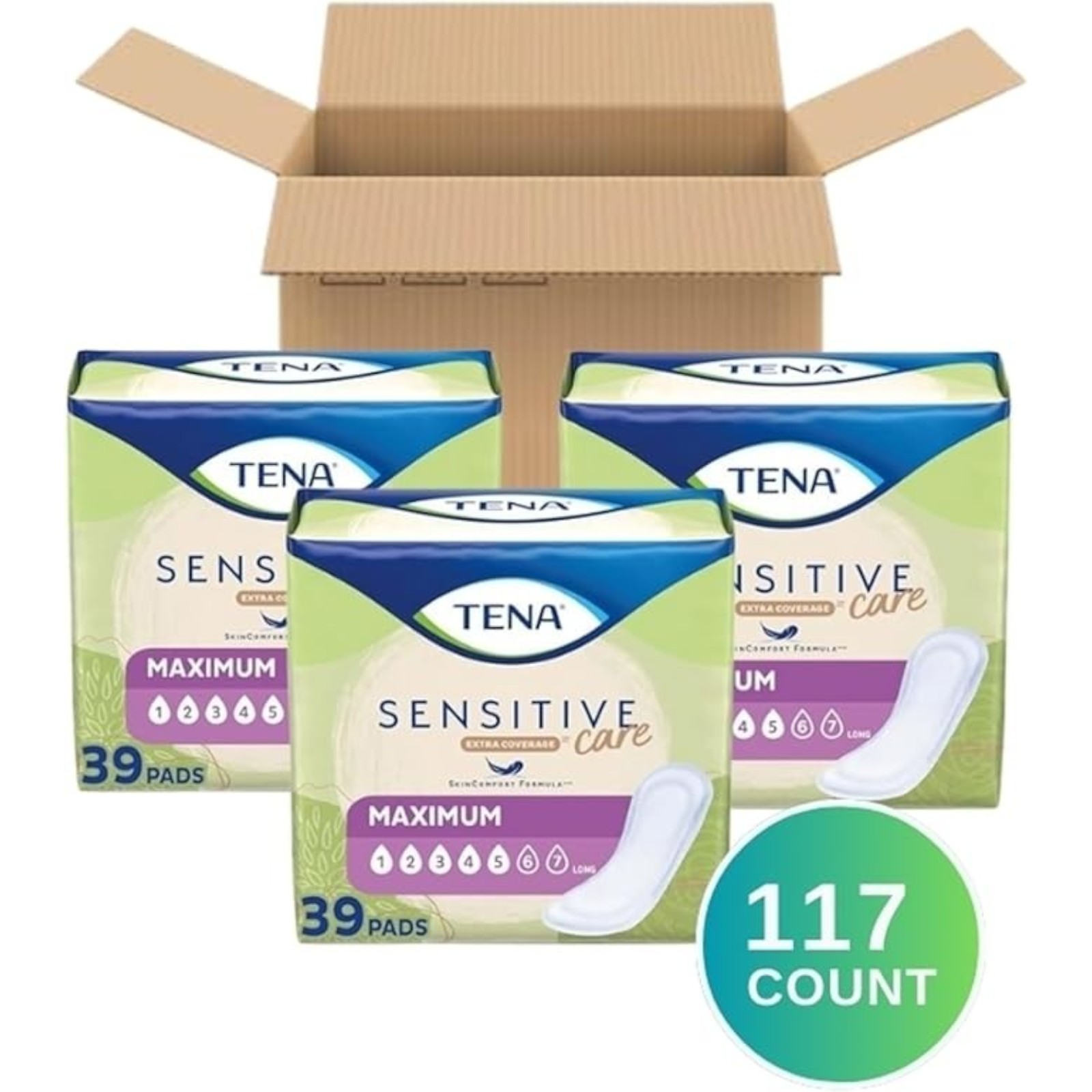 TENA Sensitive Care Incontinence Pads for Women, Bladder Control & Postpartum, Maximum Absorbency, Long - 117 Count