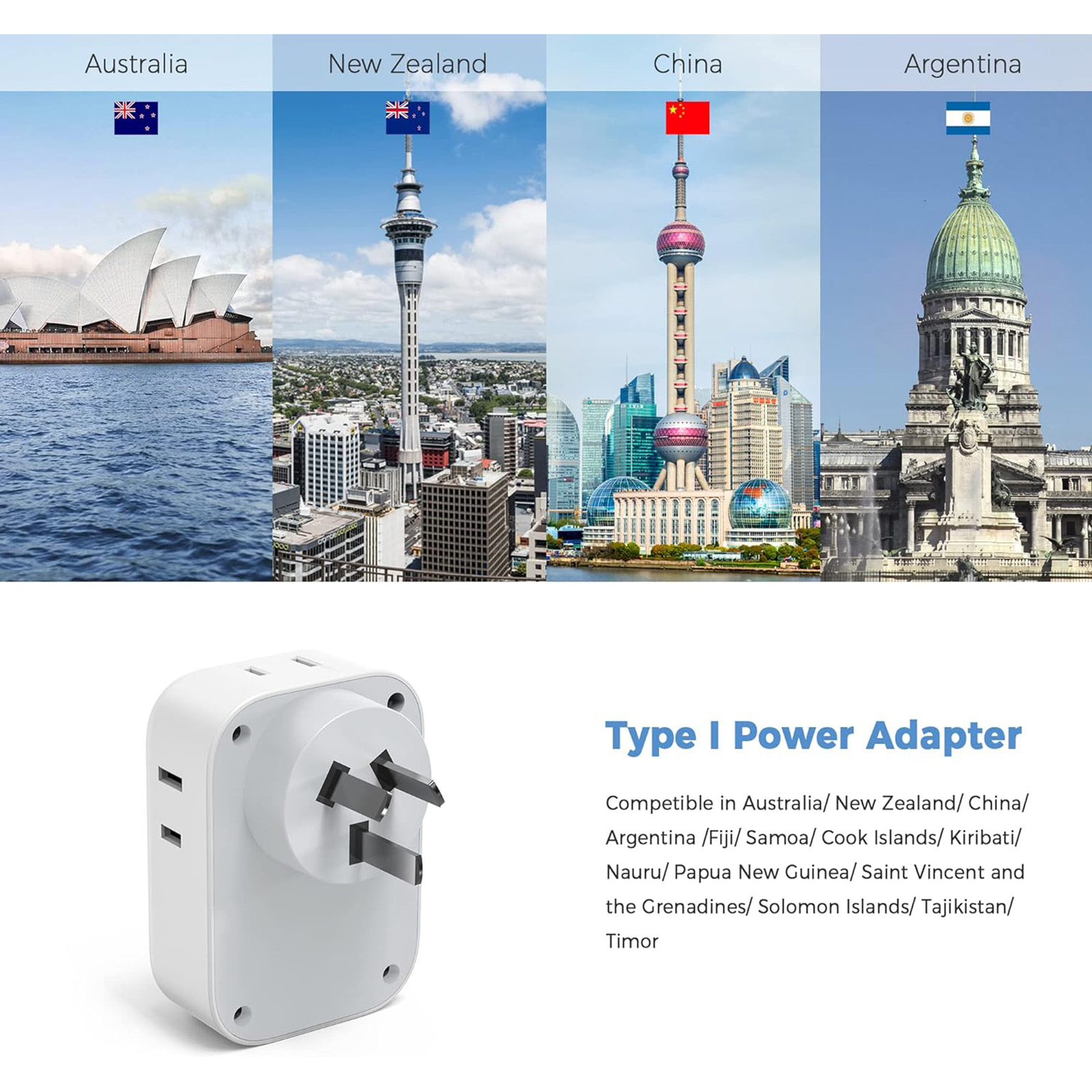 TESSAN Australian Power Adaptor with 4 Outlets 3 USB Ports (1 USB C), 2 Pack