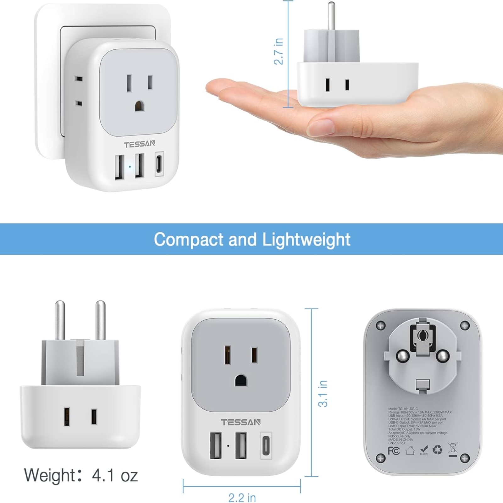 TESSAN Type E F Plug Adapter, Germany France Power Adapter with 3 USB Ports(1 USB C), 4 AC Outlets Travel Adaptor for US to Europe EU Spain Iceland Korea Greece Russia German French