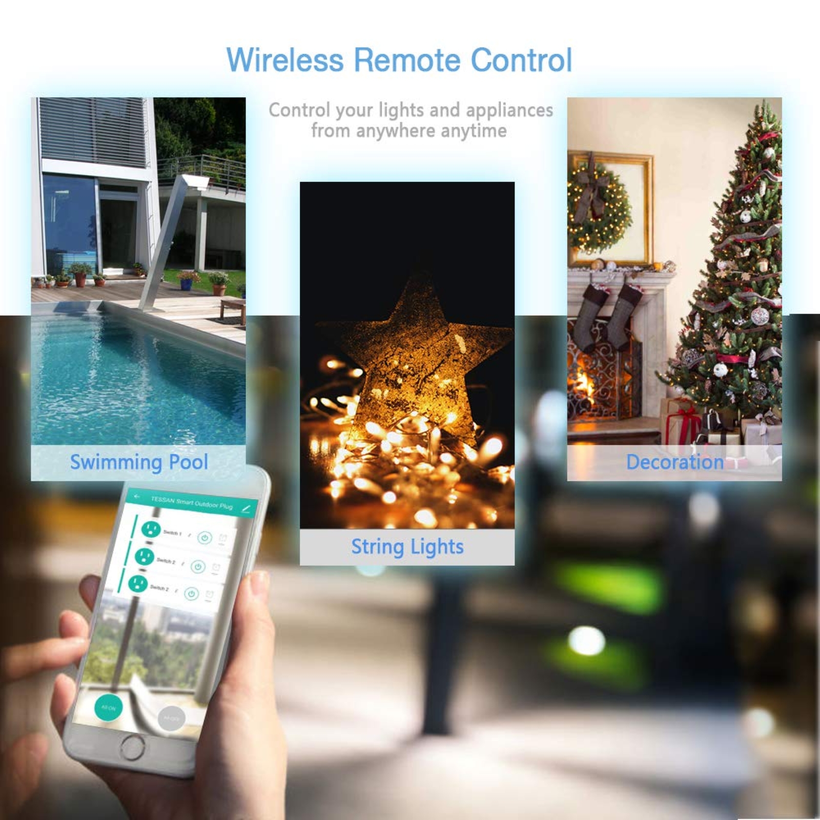 Outdoor Smart Plug Waterproof, TESSAN WiFi Smart Outlet Switch with 3 Individual Sockets Work with Alexa Echo Google Home, Remote Control Timer by Smartphone