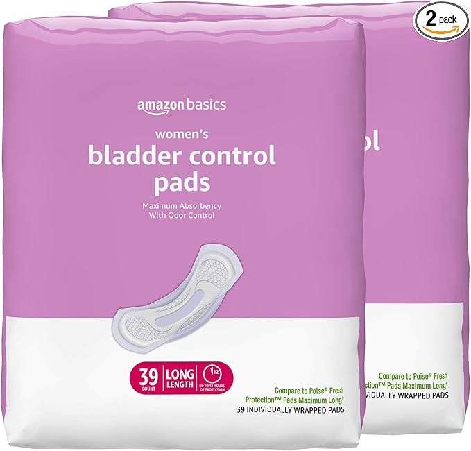 Amazon Basics Incontinence Pads for Women Long, Bladder Control, Postpartum, Maximum Absorbency, Unscented, 78 Count (2 Packs of 39)
