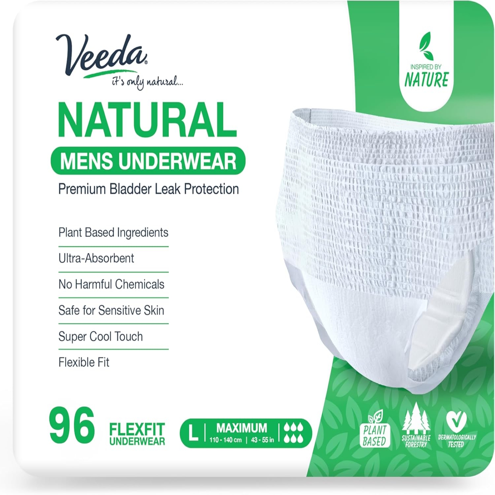 Veeda Natural Adult Incontinence Underwear for Men - Disposable Underwear for Bladder Leakage Protection - Adult Diapers for Men with Maximum Absorbency - Large Size - 96 Count