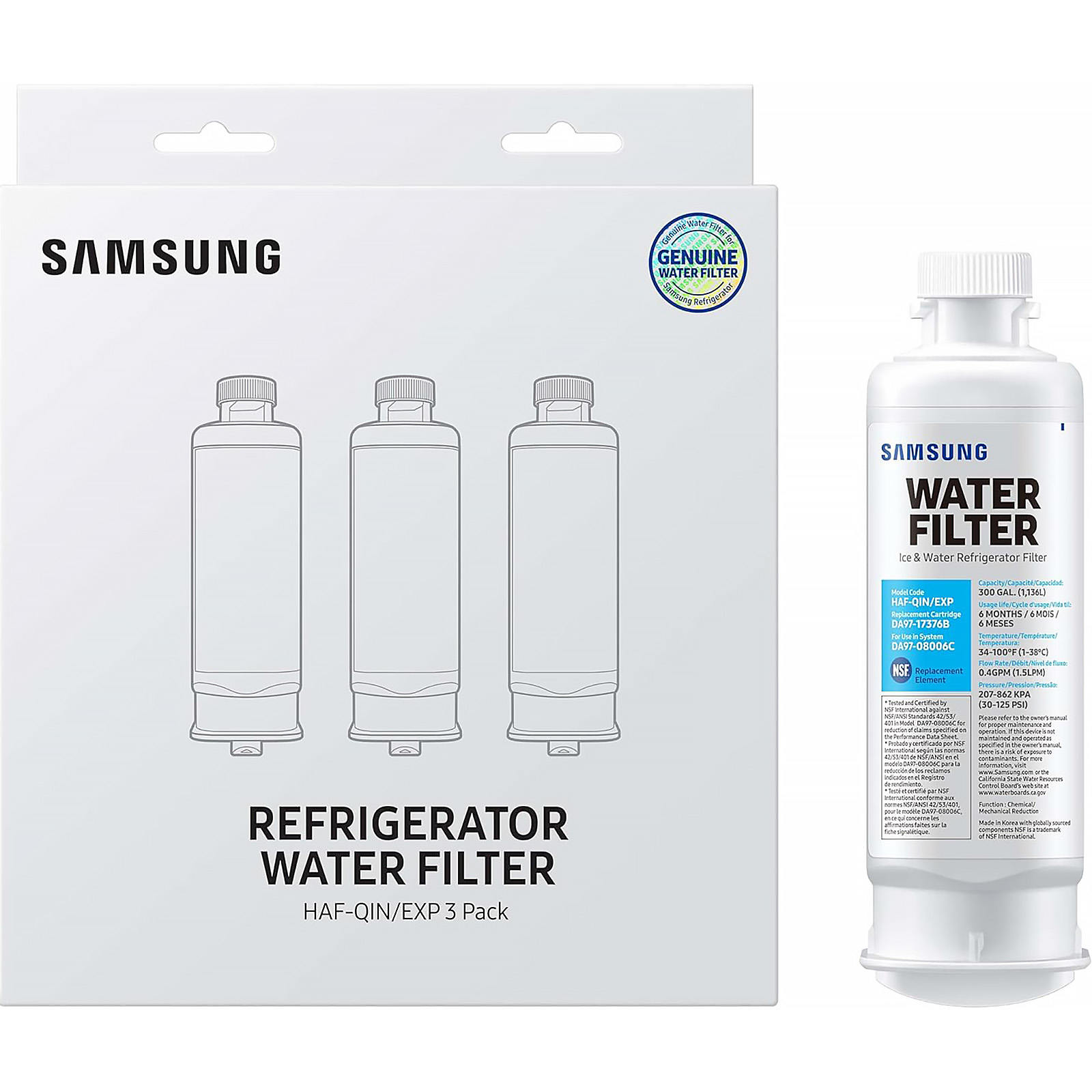 SAMSUNG DA97-17376B Genuine Filters for Refrigerator Water and Ice, Carbon Block Filtration for Clean, Clear Drinking Water, HAF-QIN/EXP (Choose pack)