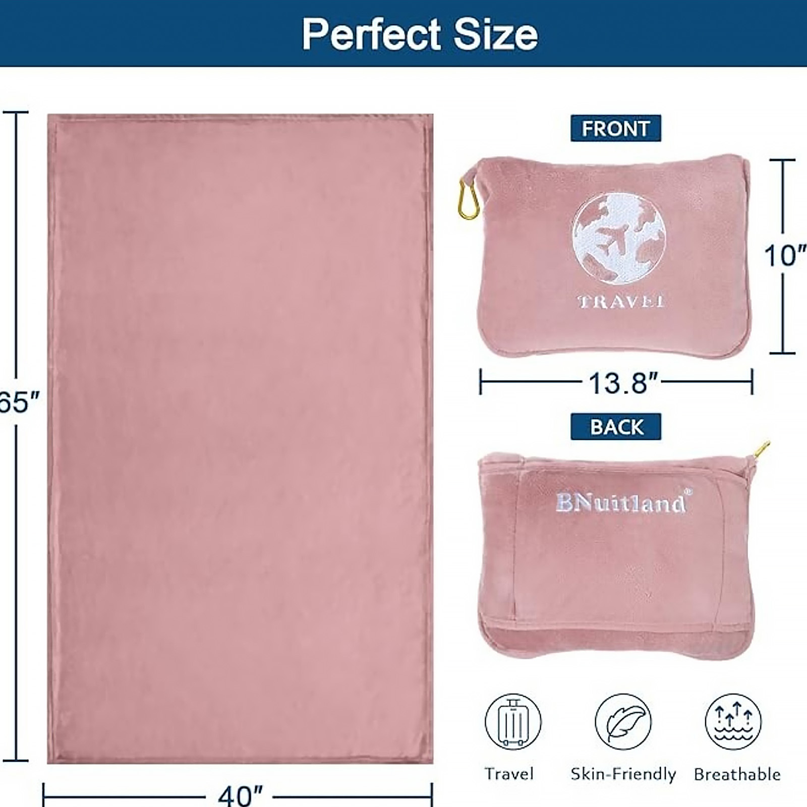 Bnuitland Travel Blanket and Pillow 2 in 1, Soft Flannel Airplane Blanket in Bag Compact-Long Flight Essential for Adults and Kids, Portable Luggage Sleeve and Backpack Clip, 65×40 inch Pink
