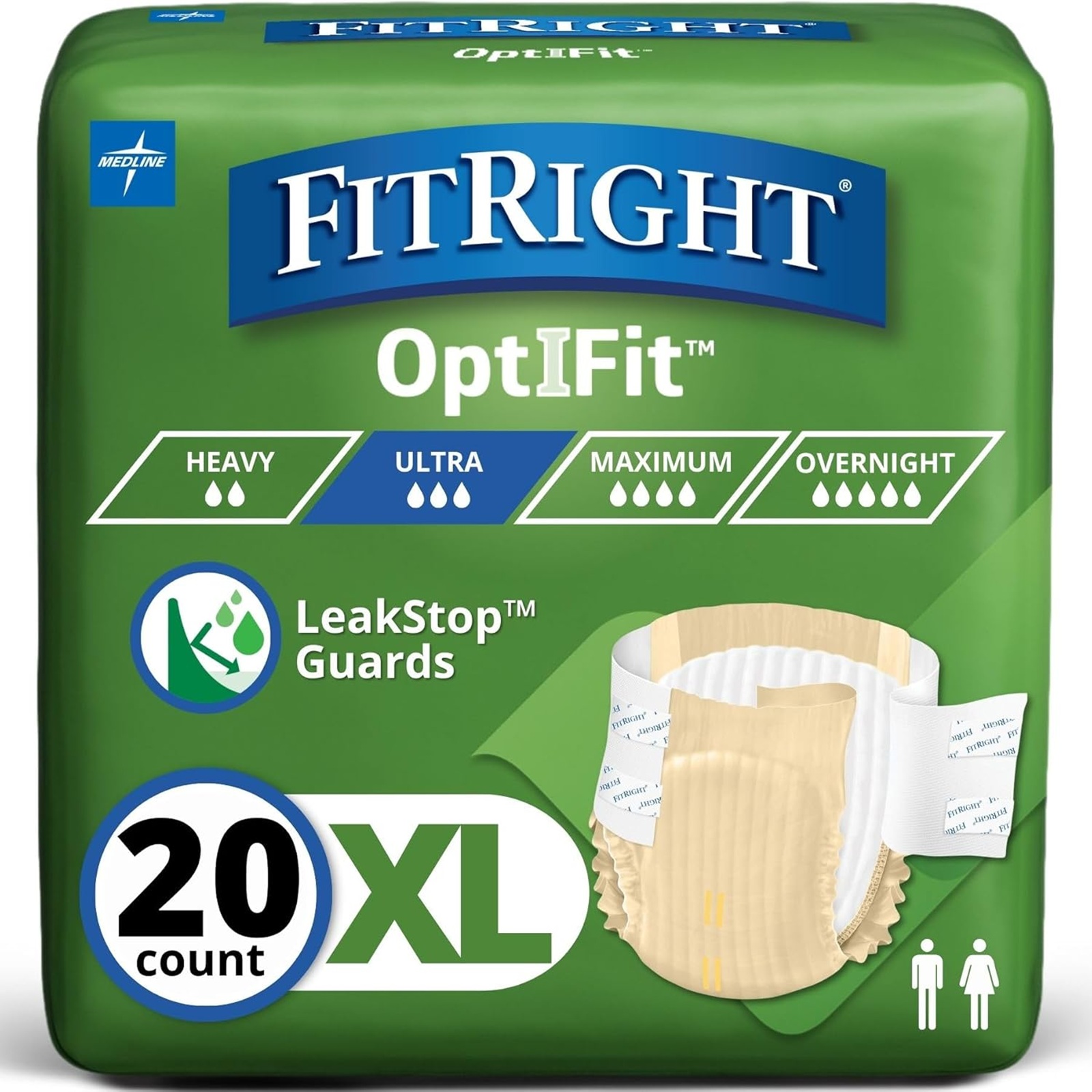 FitRight Ultra Absorbency Adult Diapers, FSA/HSA Eligible, 20 Count, Waist Size 56"-64", XL, Incontinence Briefs for Men and Women, Disposable, Moisture Wicking, Leak Protection