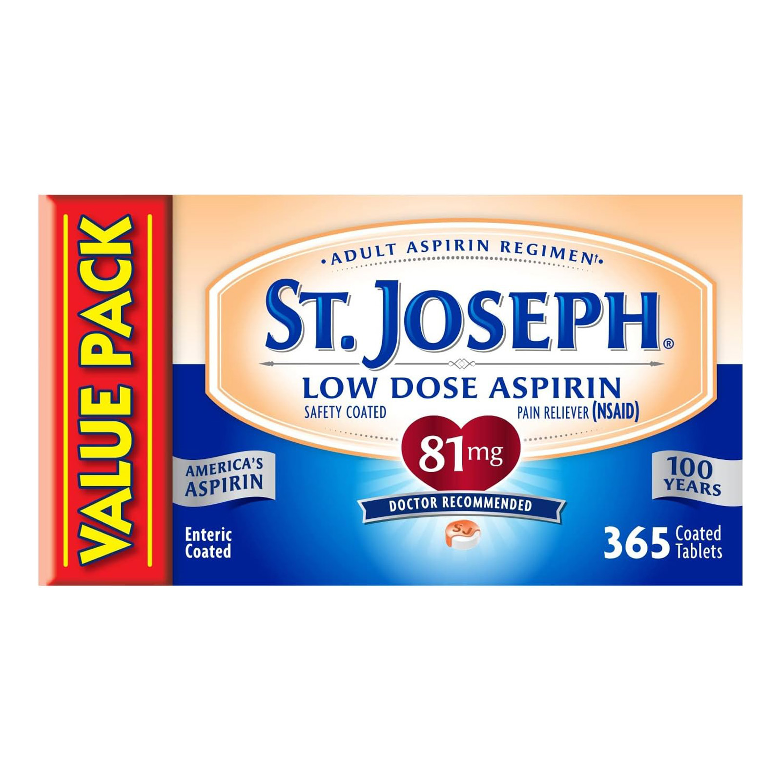 St. Joseph Aspirin Pain Reliever (NSAID) 81mg, Enteric Safety Coated, 365 ct