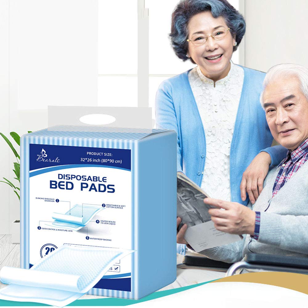 Extra Large Disposable Bed Incontinence Pads (32”x36”, 20 Counts), Leak-Proof Disposable Bed Pads for Adults and Children, Thick Bed Underpads Disposable