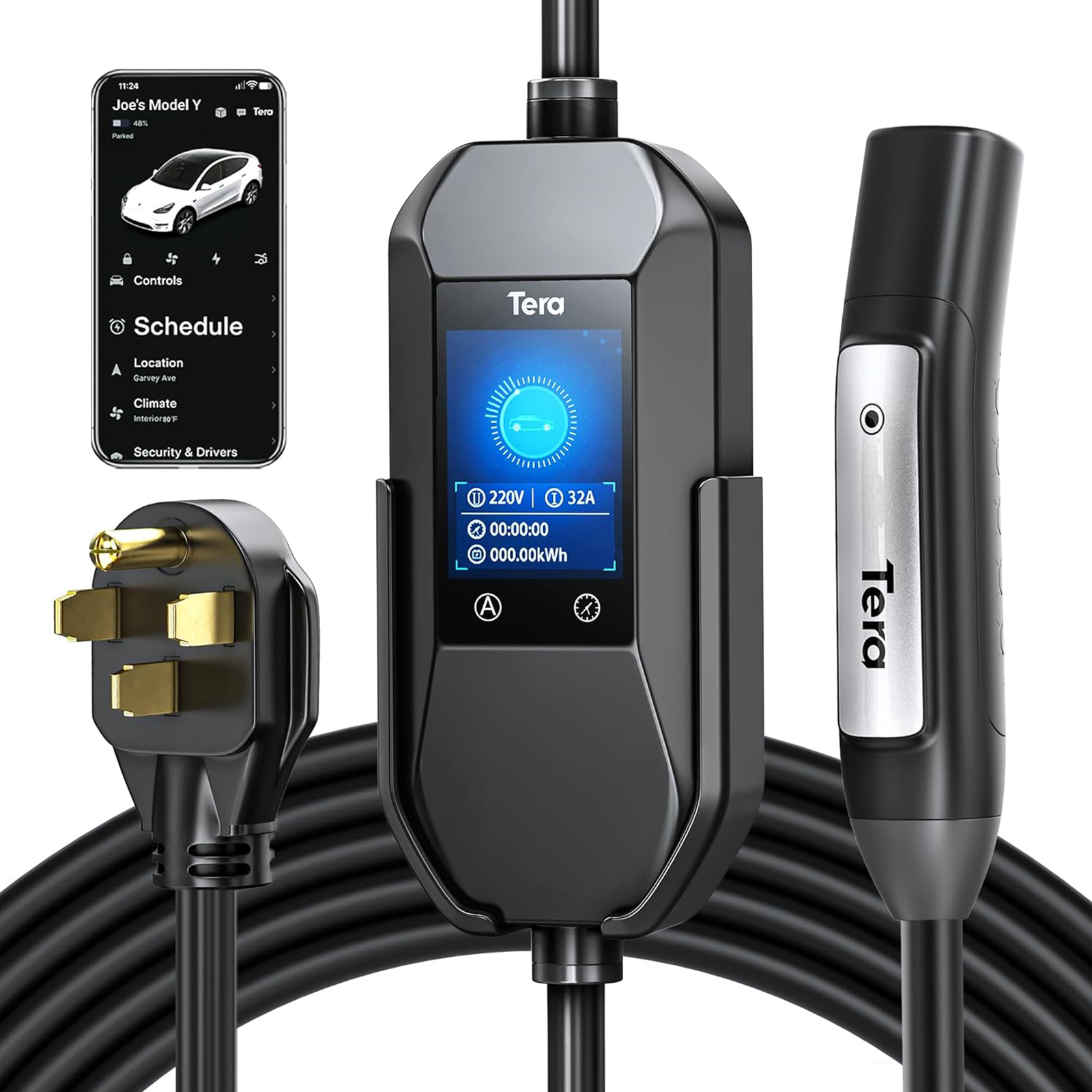 Tera 2025 New EV Charger for Tesla 32A 2.8" Largest Display ETL FCC 25FT NACS Level 2 NEMA 14-50 Plug & NEMA 5-15 for Level 1 Waterproof Patent IP66 Portable EV Charger for Tesla Model Y/3/S/X P06