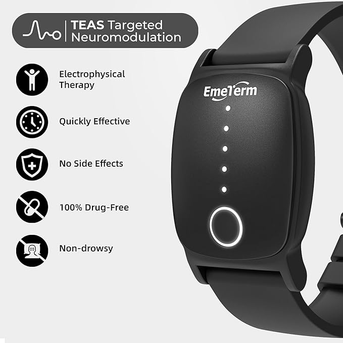 EmeTerm Explore FDA-Cleared Galaxy Black Anti-Nausea Wristband IP67 Waterproof Morning Motion Travel Sickness Vomit Relief Rechargeable Classic Strap Design No Gel Drug Free Without Side Effects