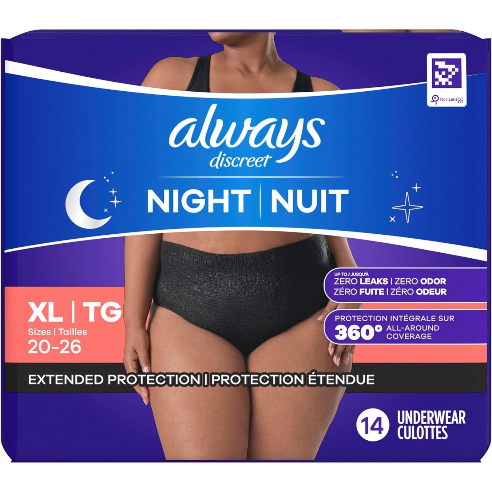 Always Discreet Adult Incontinence Overnight Underwear for Women, Extra Large, Up to 100% Bladder Leak Protection, 14 Count