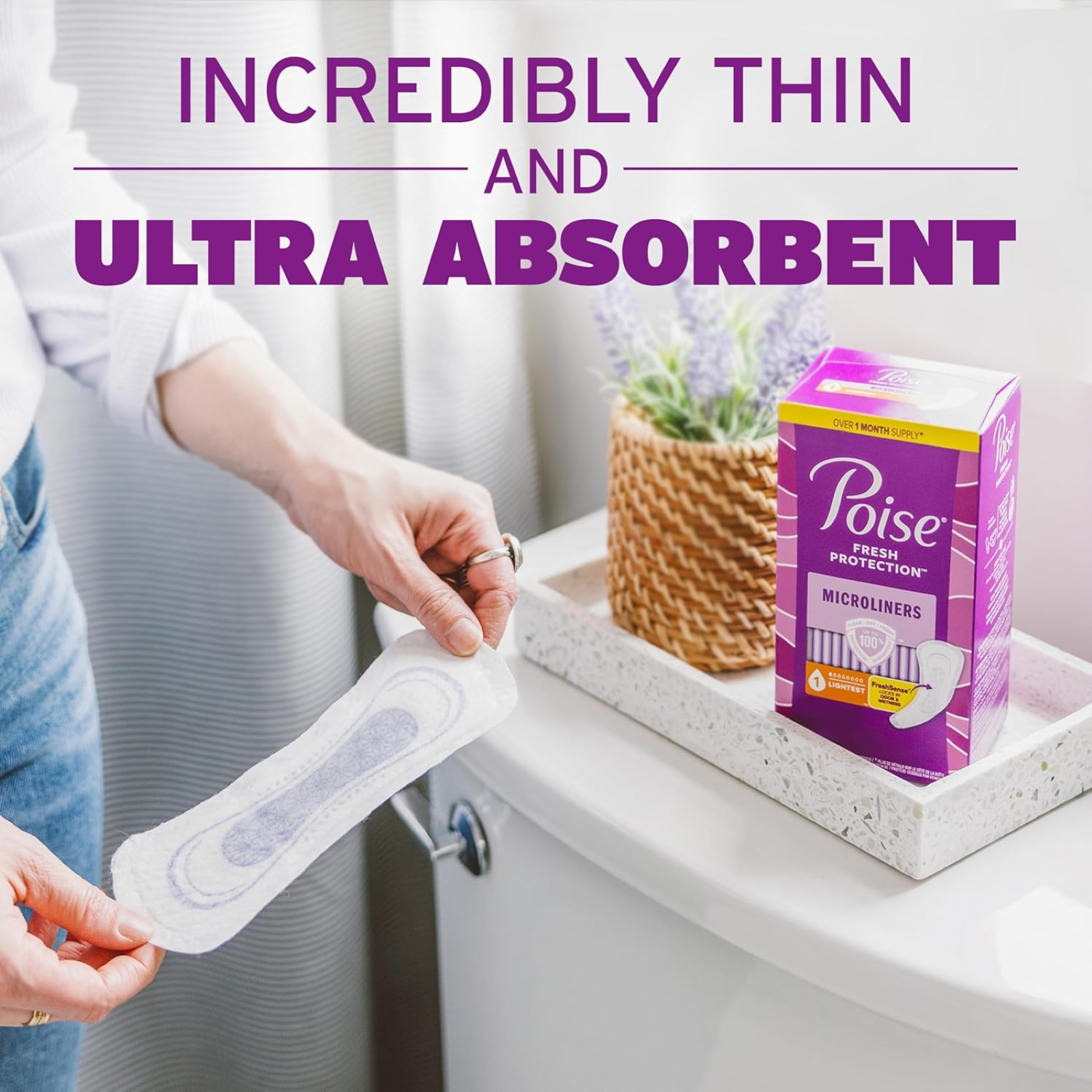 Poise Daily Microliners, Incontinence Panty Liners, 1 Drop Lightest Absorbency, Long Length, 50 Count of Pantiliners