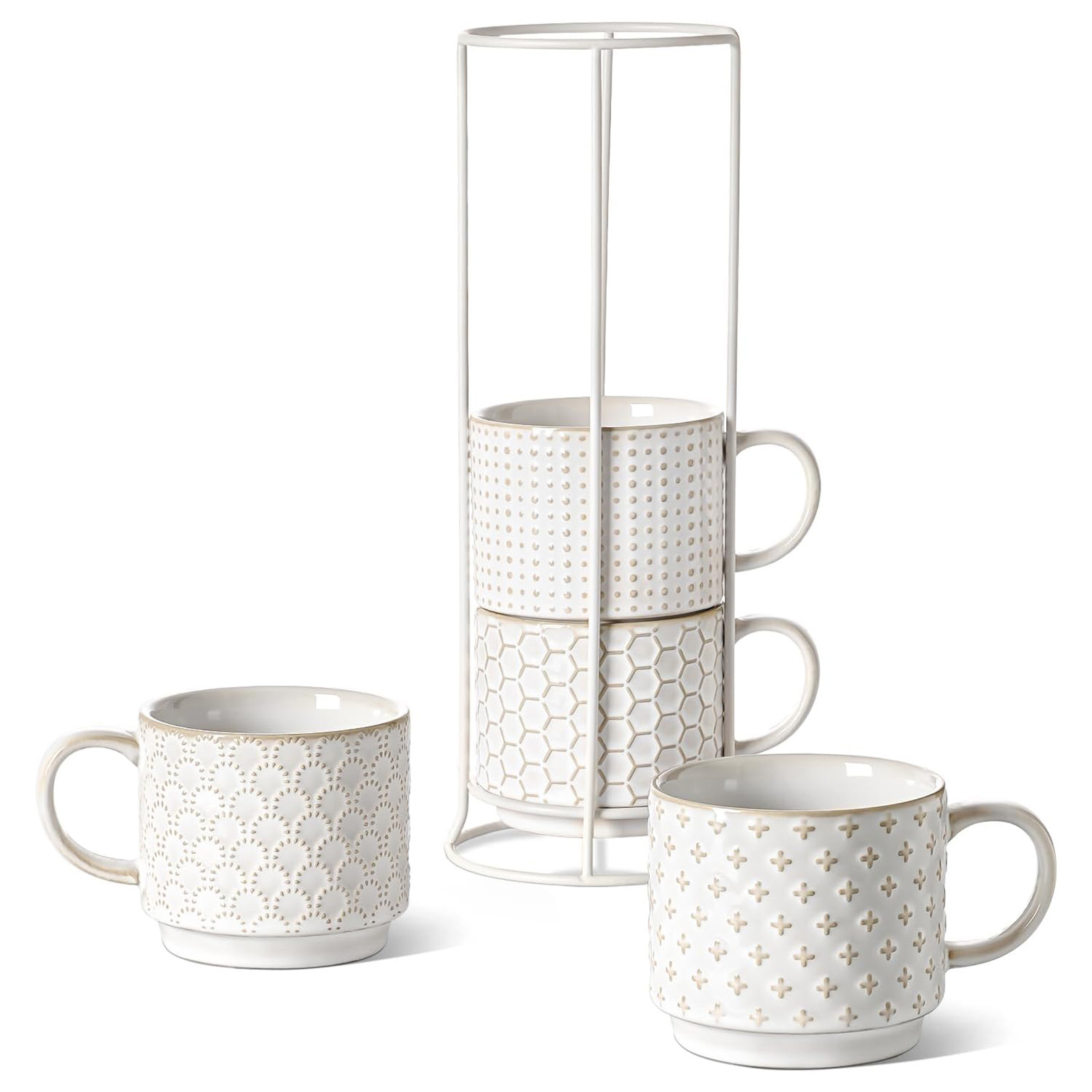 LE TAUCI Stackable Coffee Mugs with Rack, 12 oz - Set of 4, Arctic white