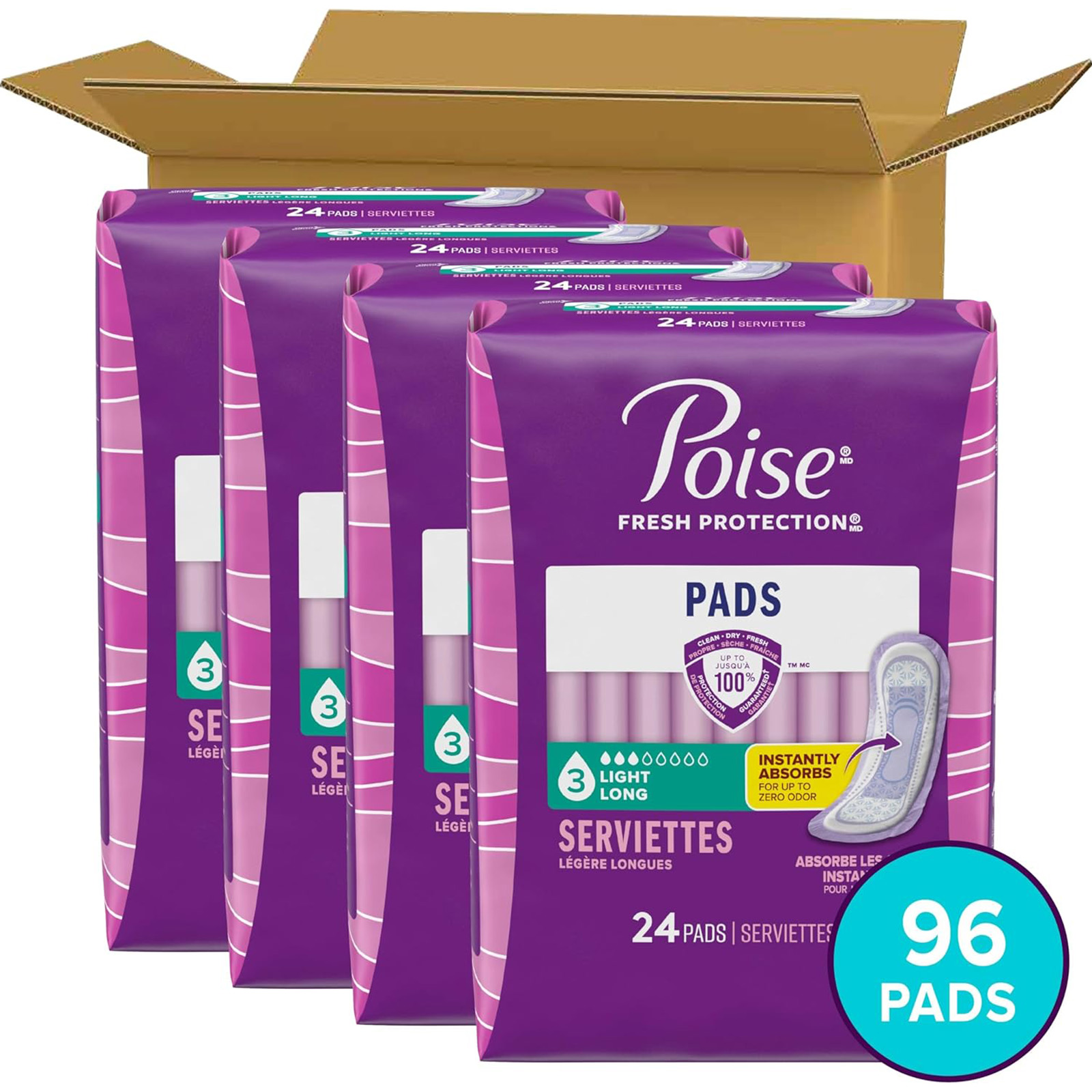 Poise Incontinence Pads & Postpartum Incontinence Pads, Long Length, 96 Count 