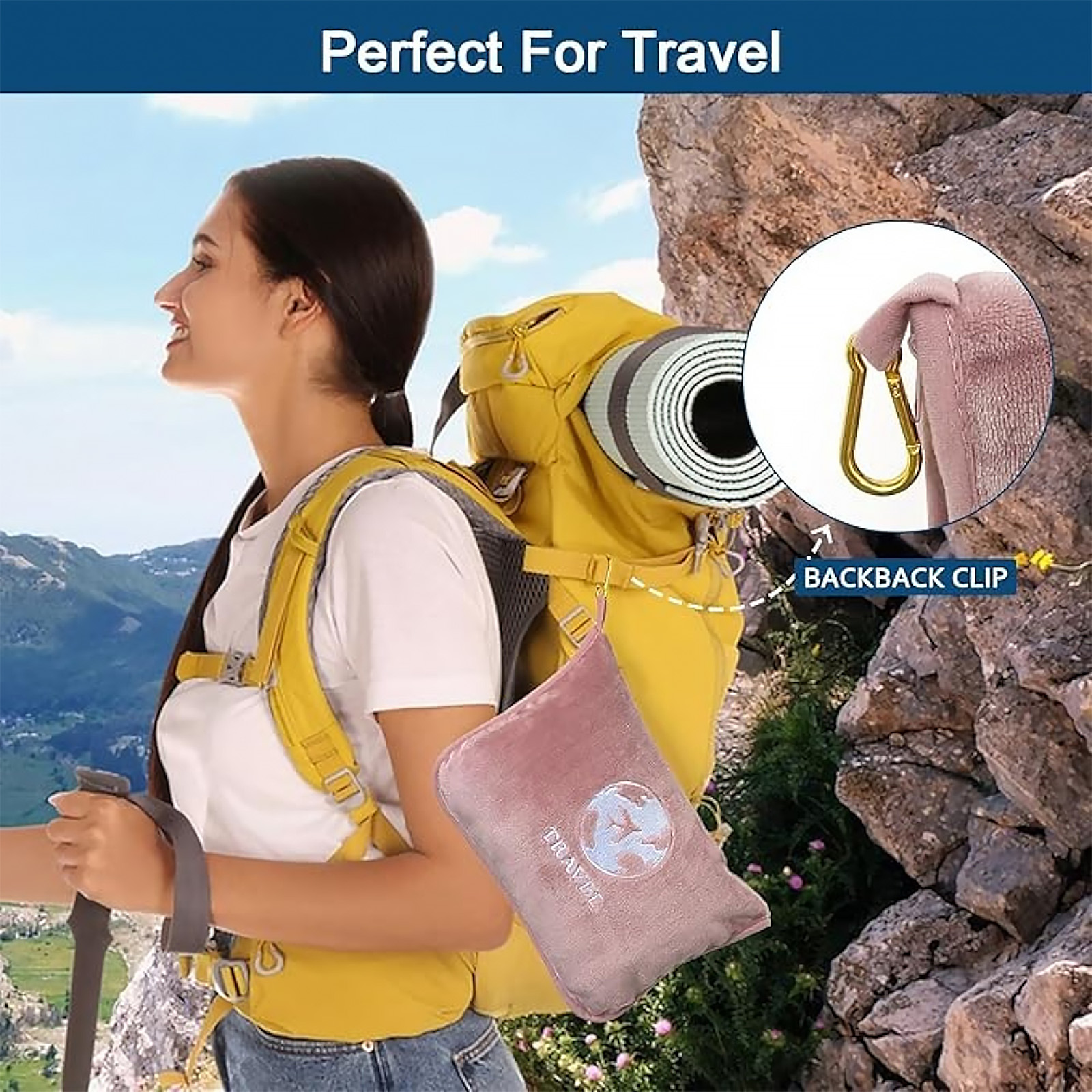 Bnuitland Travel Blanket and Pillow 2 in 1, Soft Flannel Airplane Blanket in Bag Compact-Long Flight Essential for Adults and Kids, Portable Luggage Sleeve and Backpack Clip, 65×40 inch Pink