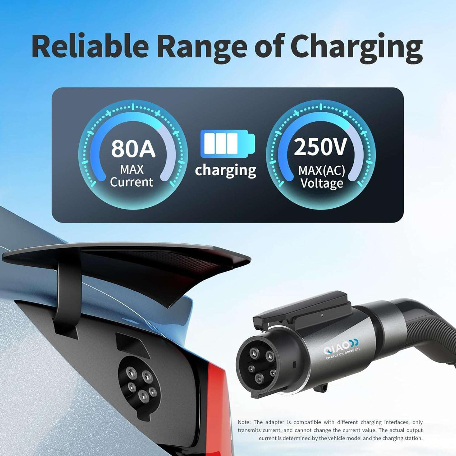 QIAO Fit for Tesla to J1772 Charger Adapter, Up to 80A 250V - NACS to J1772 EV