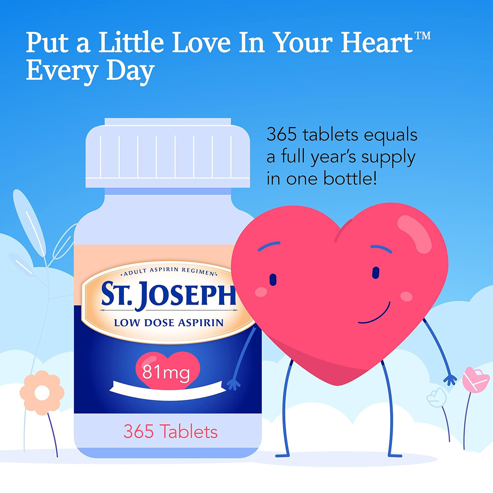St. Joseph Aspirin Pain Reliever (NSAID) 81mg, Enteric Safety Coated, 365 ct